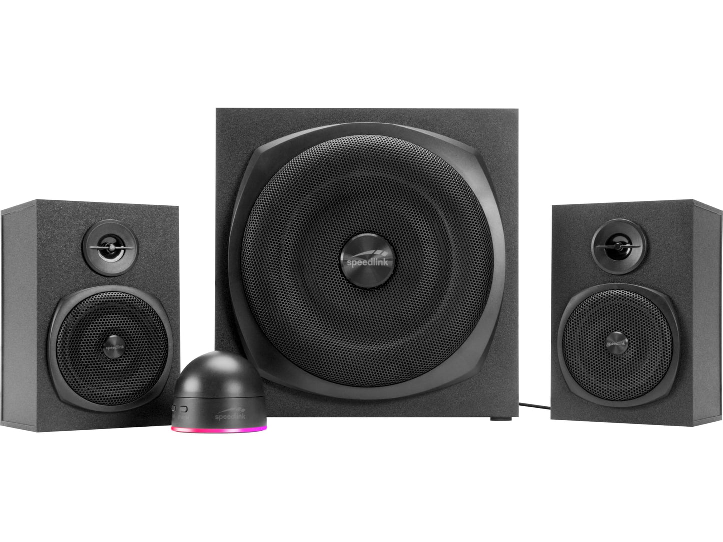 Datora skaļruņi 2.1 Speedlink Gravity LT ar Bluetooth un koka zemfrekvenču skaļruni, aktīvā skaļruņu sistēma 80 Watt, 3,5mm AUX, RGB galda tālvadības pults, melna