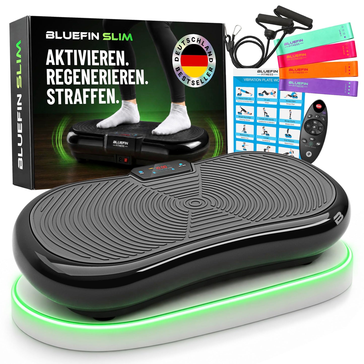 Vibrācijas platforma Bluefin Fitness Ultra Slim Power, inovatīvs vibro trenažieris, 5 programmas + 180 līmeņi, visa ķermeņa treniņš, kluss mājas fitnesa aprīkojums, viegli uzglabājama, kompakts dizains