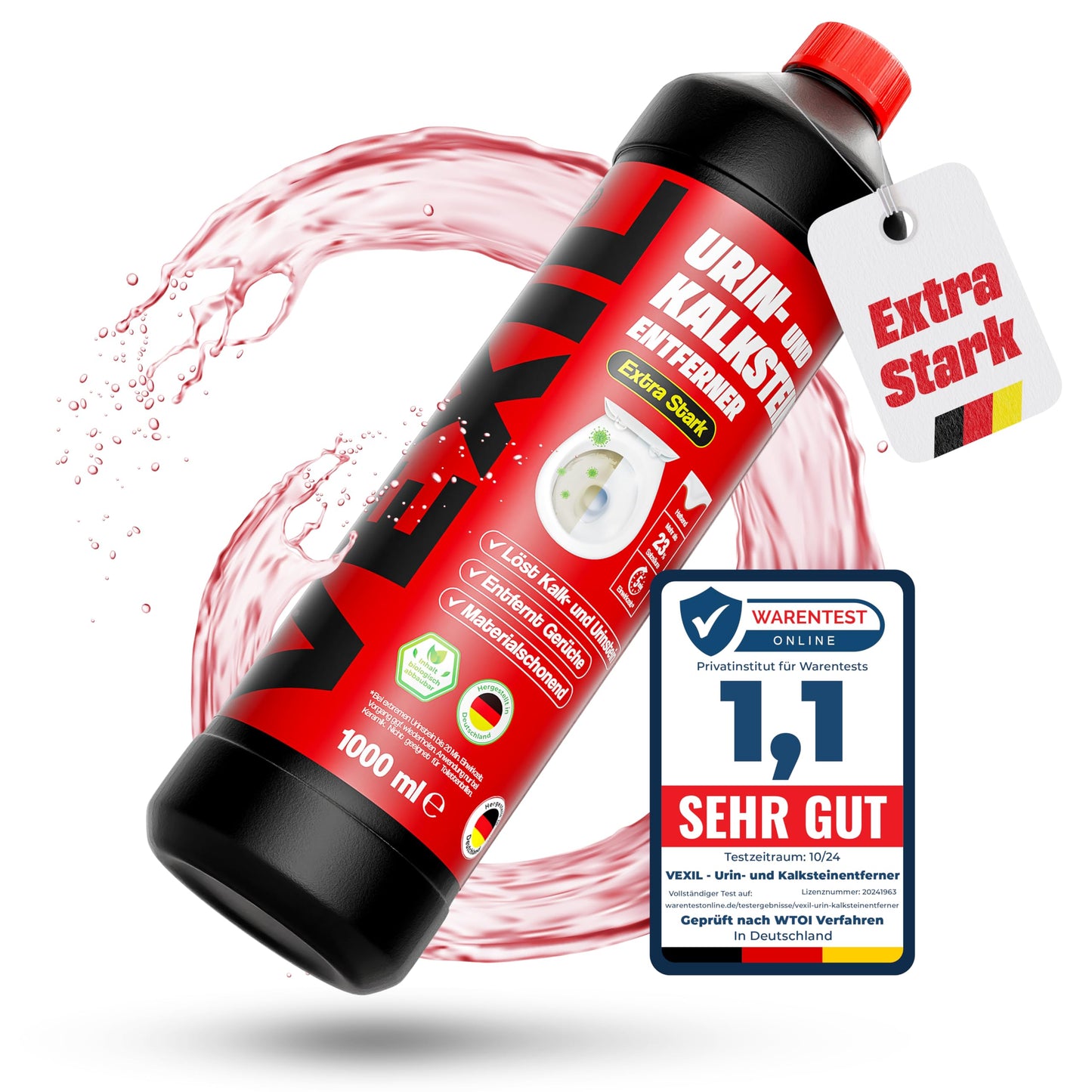 Urinakmens noņemšanas līdzeklis VEXIL® EXTRA STARK, 1000 ml, noņem grūti notīrāmu urīnakmeni un kaļķakmeni, profesionāls WC tīrīšanas līdzeklis, bioloģiski noārdāms, urīnakmens šķīdinātājs, ražots Vācijā