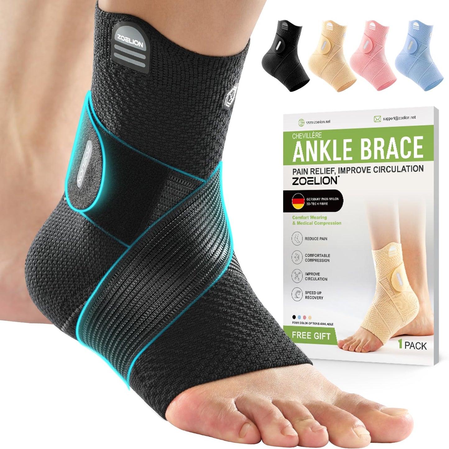 Potītes atbalsta bandāža ZOELION ar X-Strap, droša fiksācija un brīva kustība