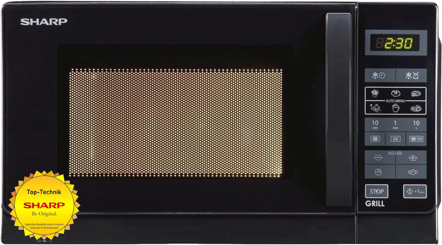 Sharp Freistehend, R642BKW 2-in-1 mikroviļņu krāsns ar grilu / 20 L / 800 W / 1000 W kvarca grils / 8 automātiskās programmas / taimeris / bērnu aizsardzība / enerģijas taupīšanas režīms / stikla griešanas plate (25,5 cm) / melns