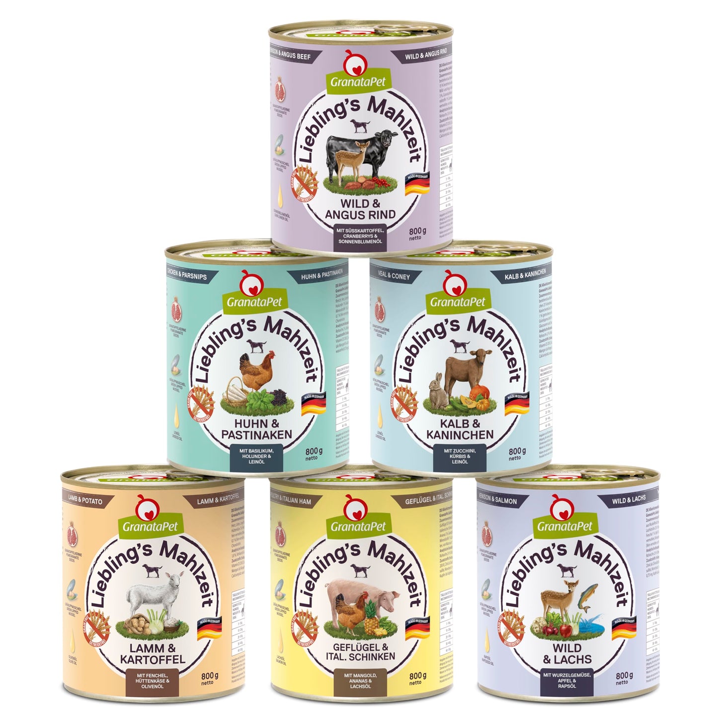 Mitrā suņu barība GranataPet Liebling's Mahlzeit Multipack 1, bez graudiem, augsts gaļas saturs, 6 x 800 g