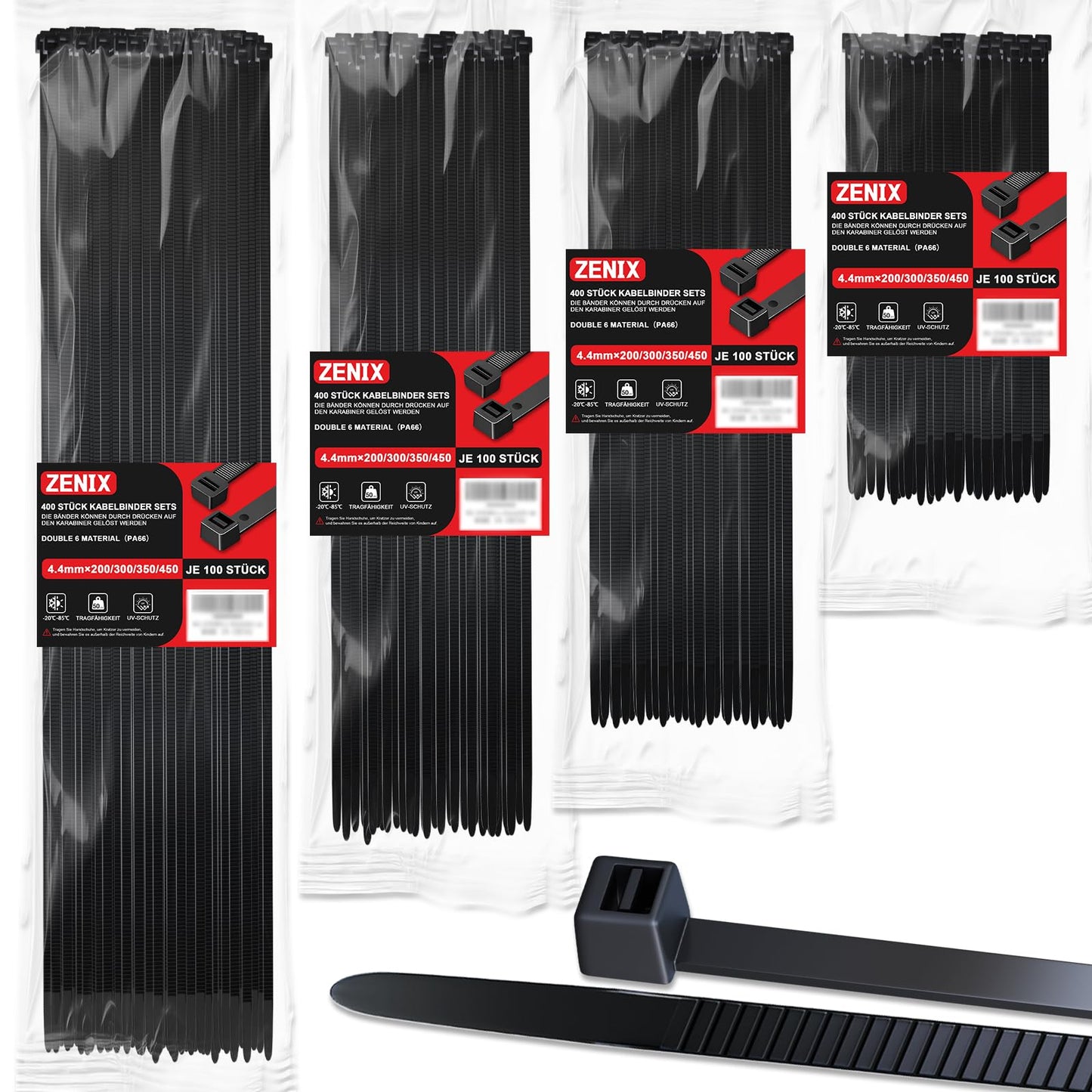 Kabeļu saites ZENIX Profi-Kabelbinder Set 400 gab. 200/300/350/450mm (pa 100 gab.), UV izturīgas līdz +85°C, 28Kg stiepes izturība, iekštelpām un ārtelpām