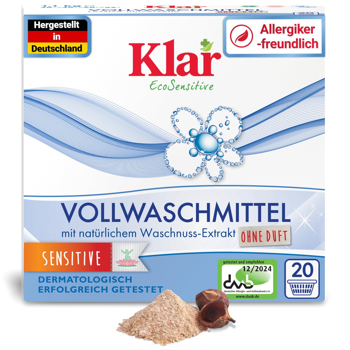 Klar pilnais veļas mazgāšanas līdzeklis pulveris Sensitive 1,1 kg - 20 mazgāšanas reizēm - mazgāšanas pulveris alerģiskiem cilvēkiem bez smaržvielām - organisks veļas mazgāšanas pulveris ar dabīgu ziepju riekstu ekstraktu - VEGAN un bez fermentiem