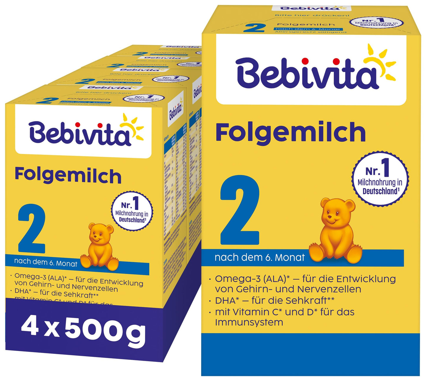 Pēcdzemdību piens Bebivita 2, pulveris, 4 x 500g, pēc 6. mēneša, ar C un D vitamīnu, Omega-3 (DHA), vecumam atbilstoši sātīgs