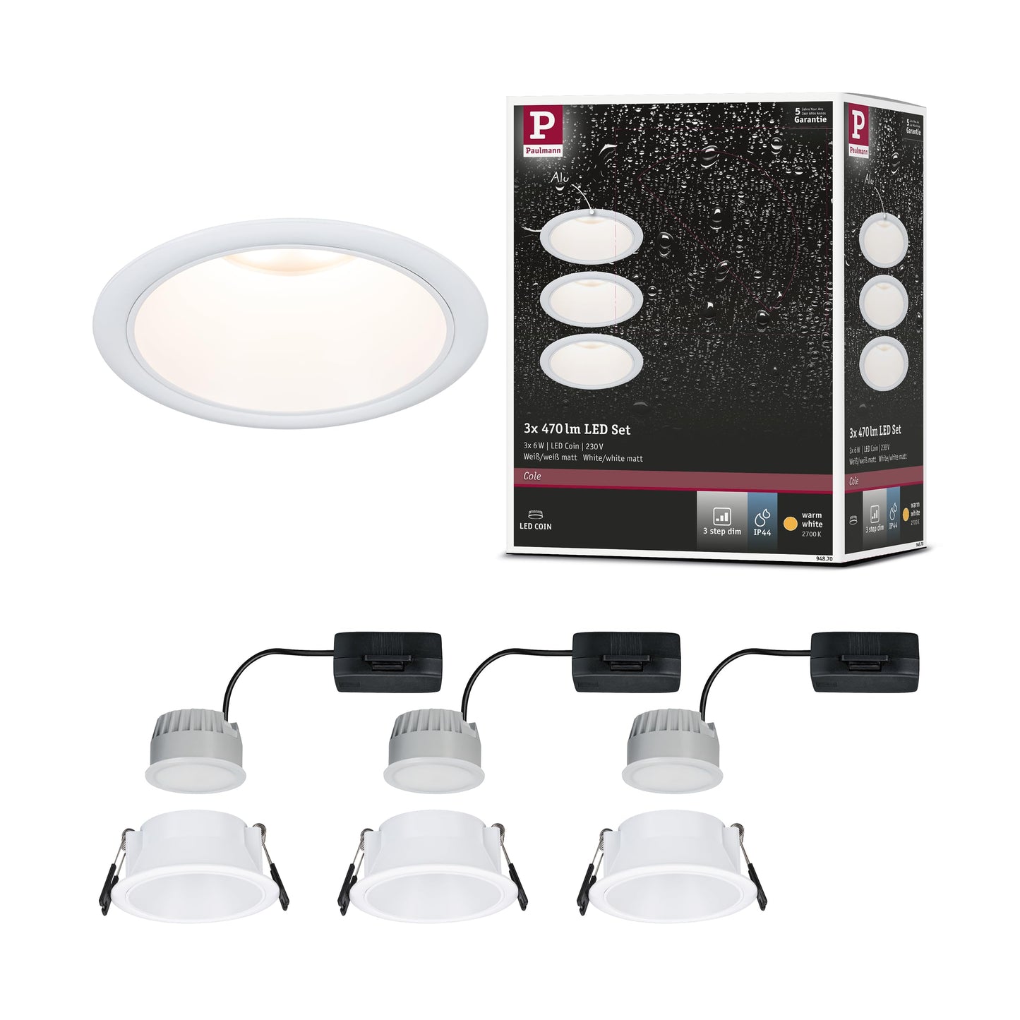 LED iebūvējams gaismeklis Paulmann 94870 Cole Base Set 3 gab. IP44 apaļš 88mm Coin 3x6W 3x470lm 230V 2700K balts