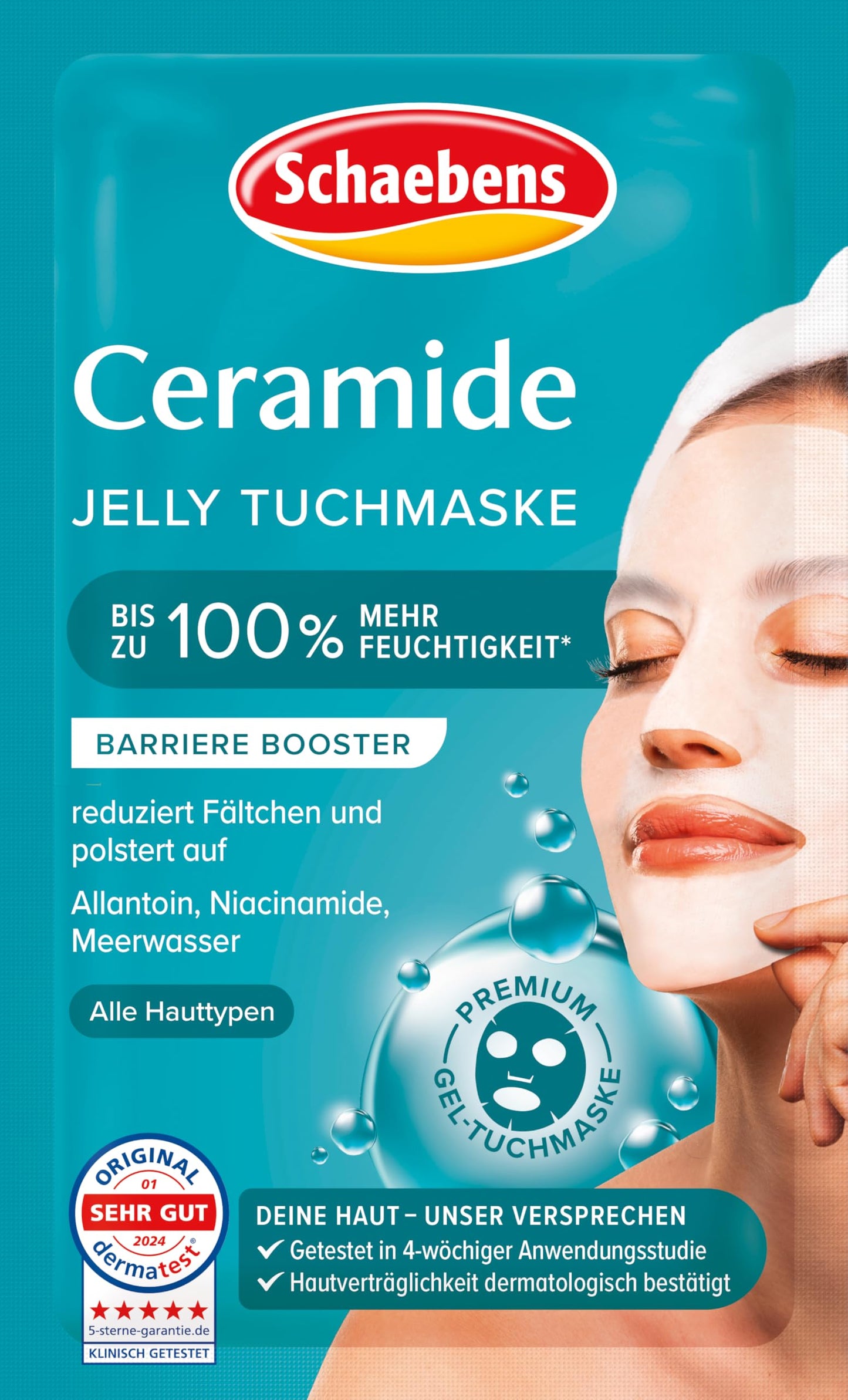 Loksnes maska sejai Schaebens Ceramide Jelly – barjeras pastiprinātājs prasīgai ādai, samazina krunciņas, piepilda un mitrina līdz 100% vairāk, ar alantoīnu, niacinamīdu un jūras ūdeni