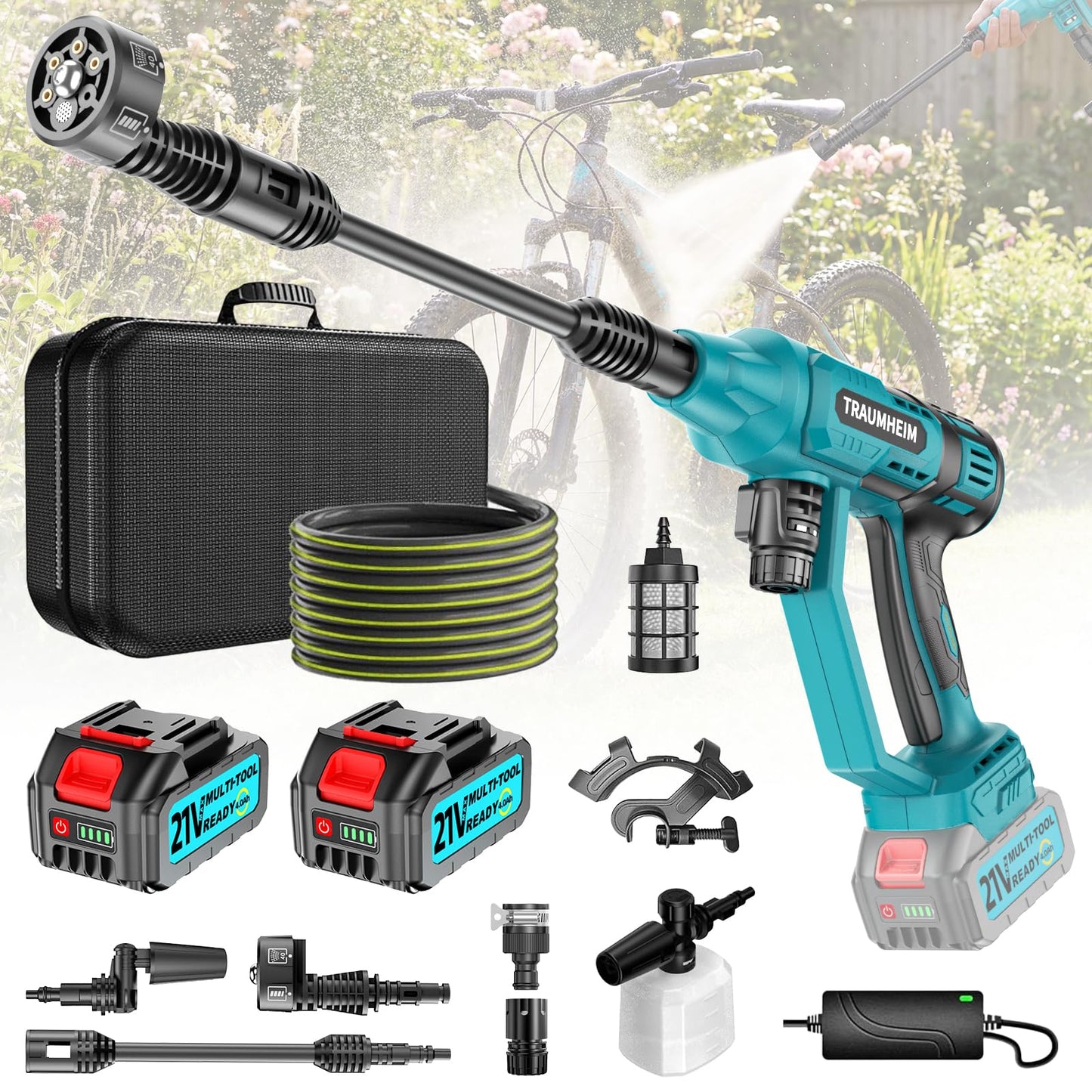 Akumulatora augstspiediena mazgātājs, Pressure Washer 4-Gang-Modus Max 150Bar, Hydro Blast, daudzfunkcionāls mobilais augstspiediena mazgātājs ar 2x4.0Ah akumulatoriem, 6-in-1 un 180° grozāmu sprauslu automašīnām, terasei, dārzam