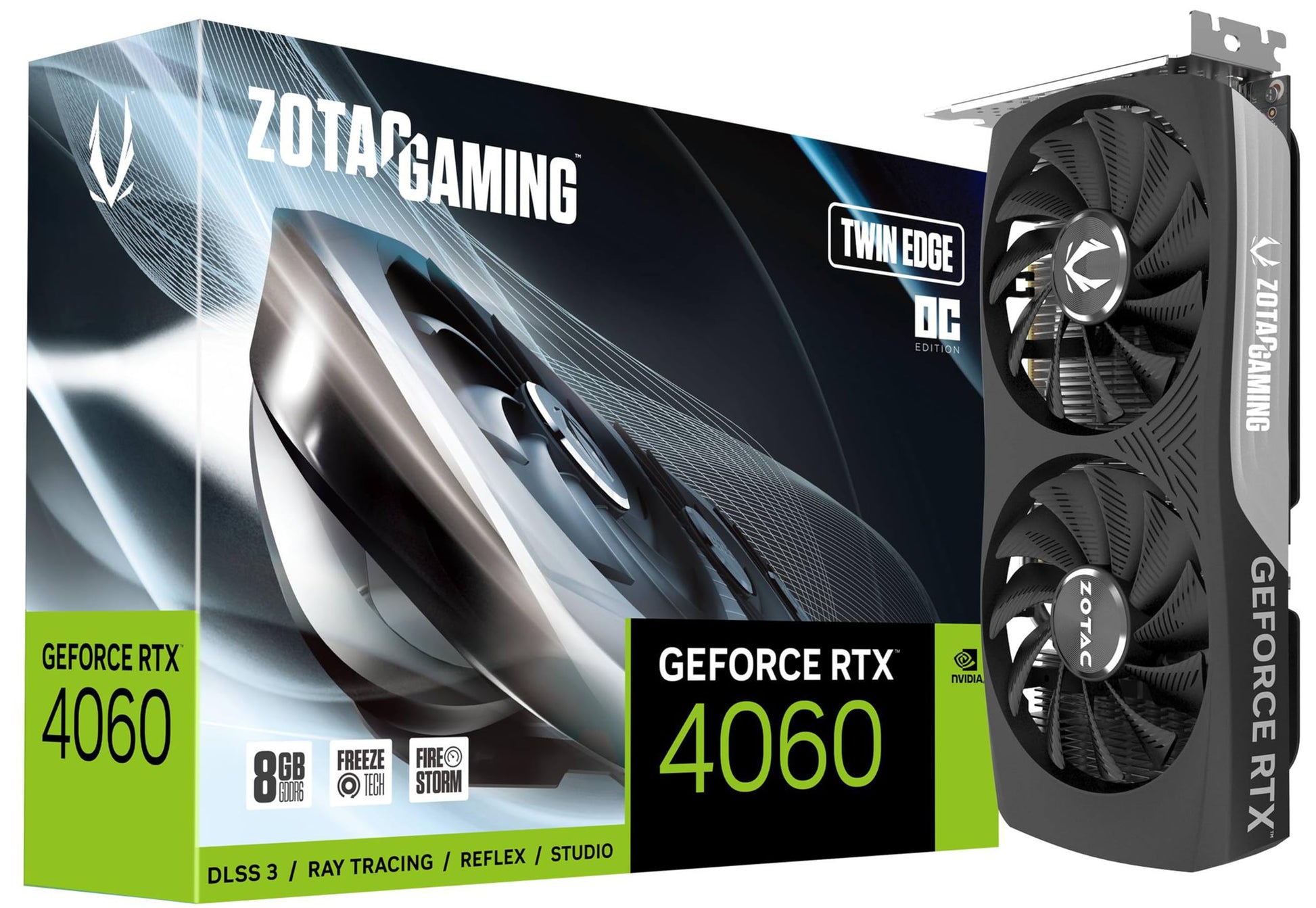 ZOTAC GAMING GeForce RTX 4060 TwinEdge 8GB - Dual-fan design, ray tracing, AI-enhanced graphics, compact size.