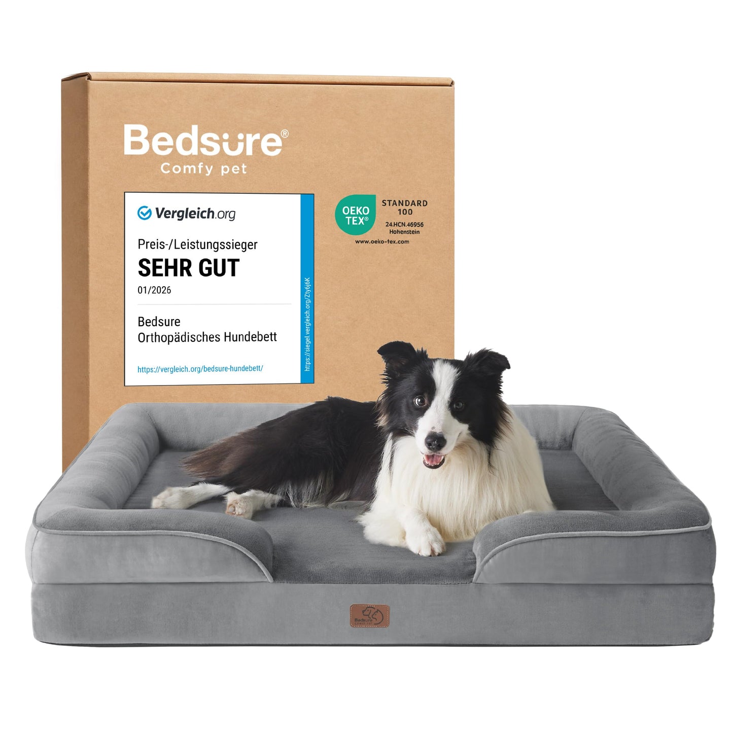 BEDSURE ortopēdiska suņu gulta, ergonomisks suņu dīvāns, 89x63cm, pelēka