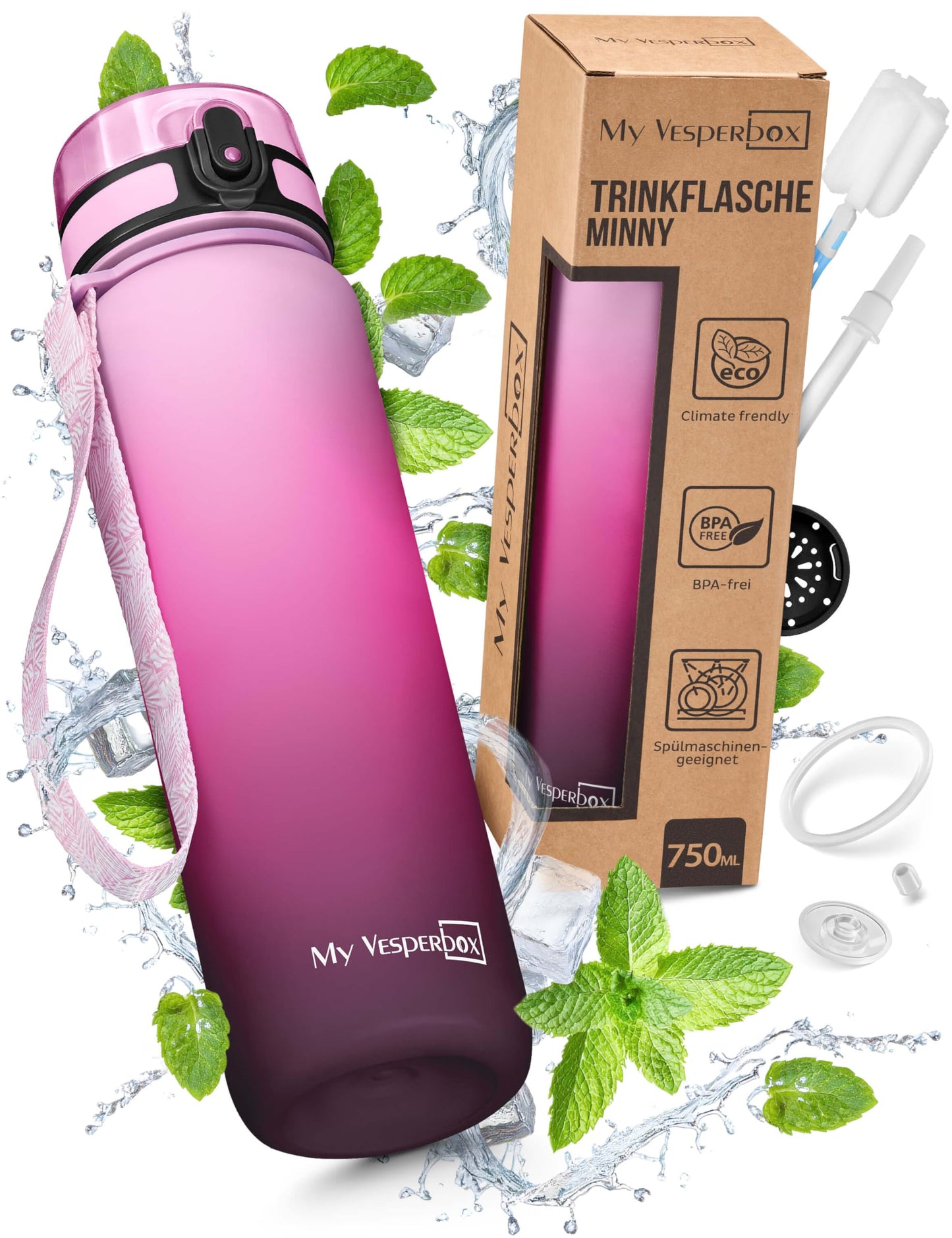 Bērnu ūdens pudele My Vesperbox® 750ML, gāzētiem dzērieniem, hermētiska, ar salmiņu, skolai un sportam