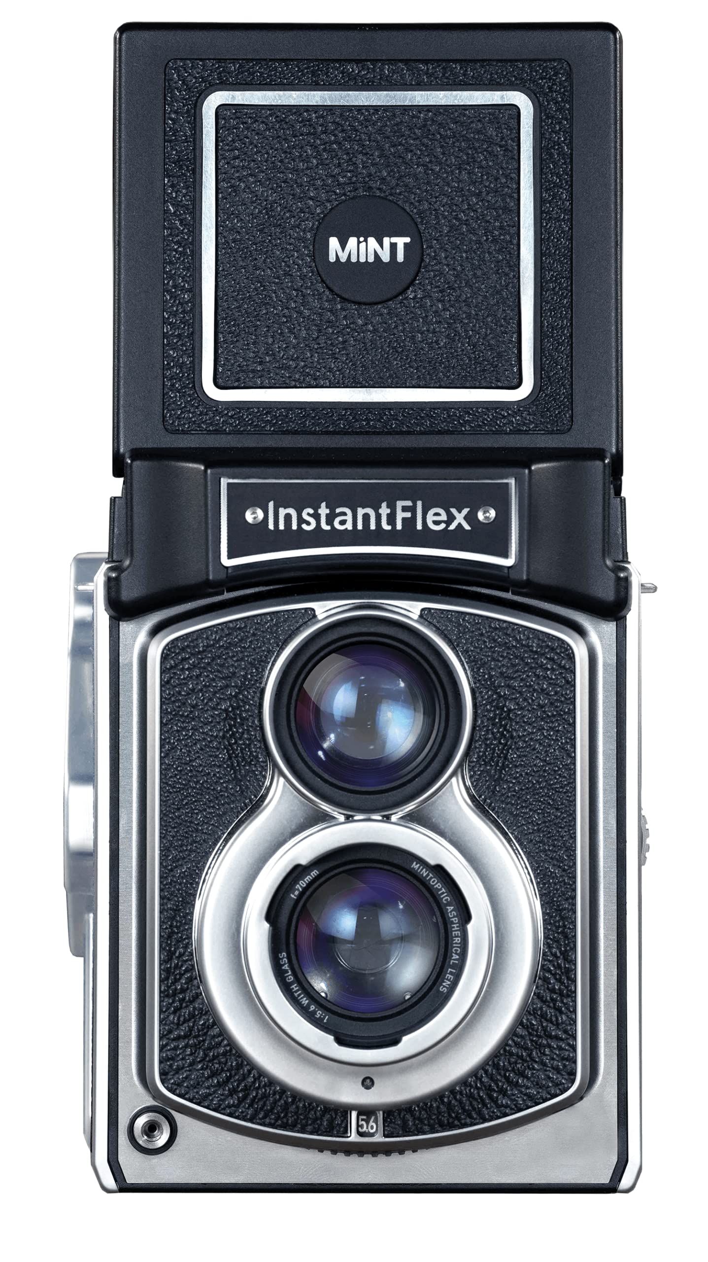 Mint InstantFlex TL70.Plus - Instant camera for Fuji Instax Square film, features dual lens and vintage design.