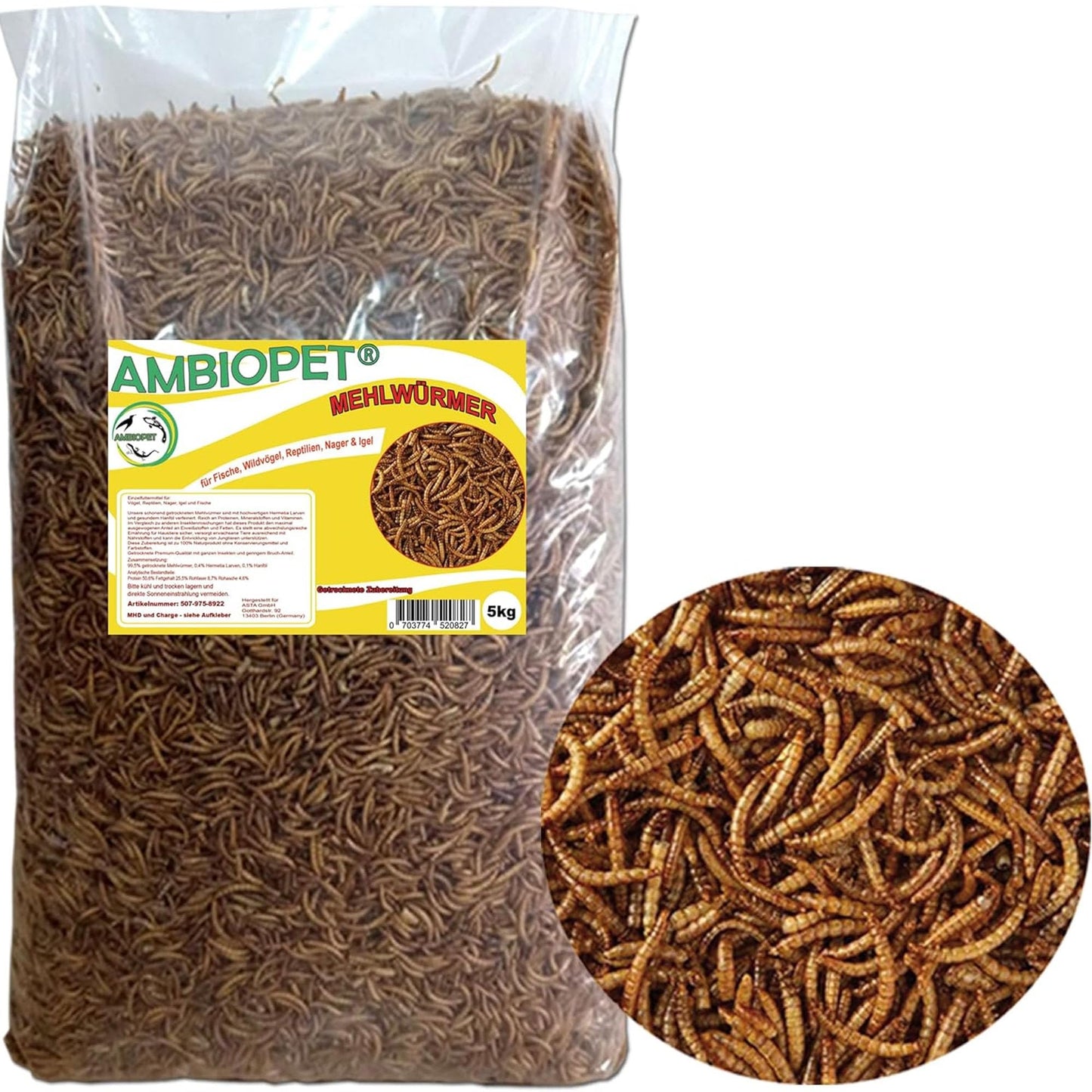 Kaltēti miltu tārpi Naturprodukt Ambiopet 5 kg grauzējiem, putniem, rāpuļiem, zivīm, ežiem un koi zivīm