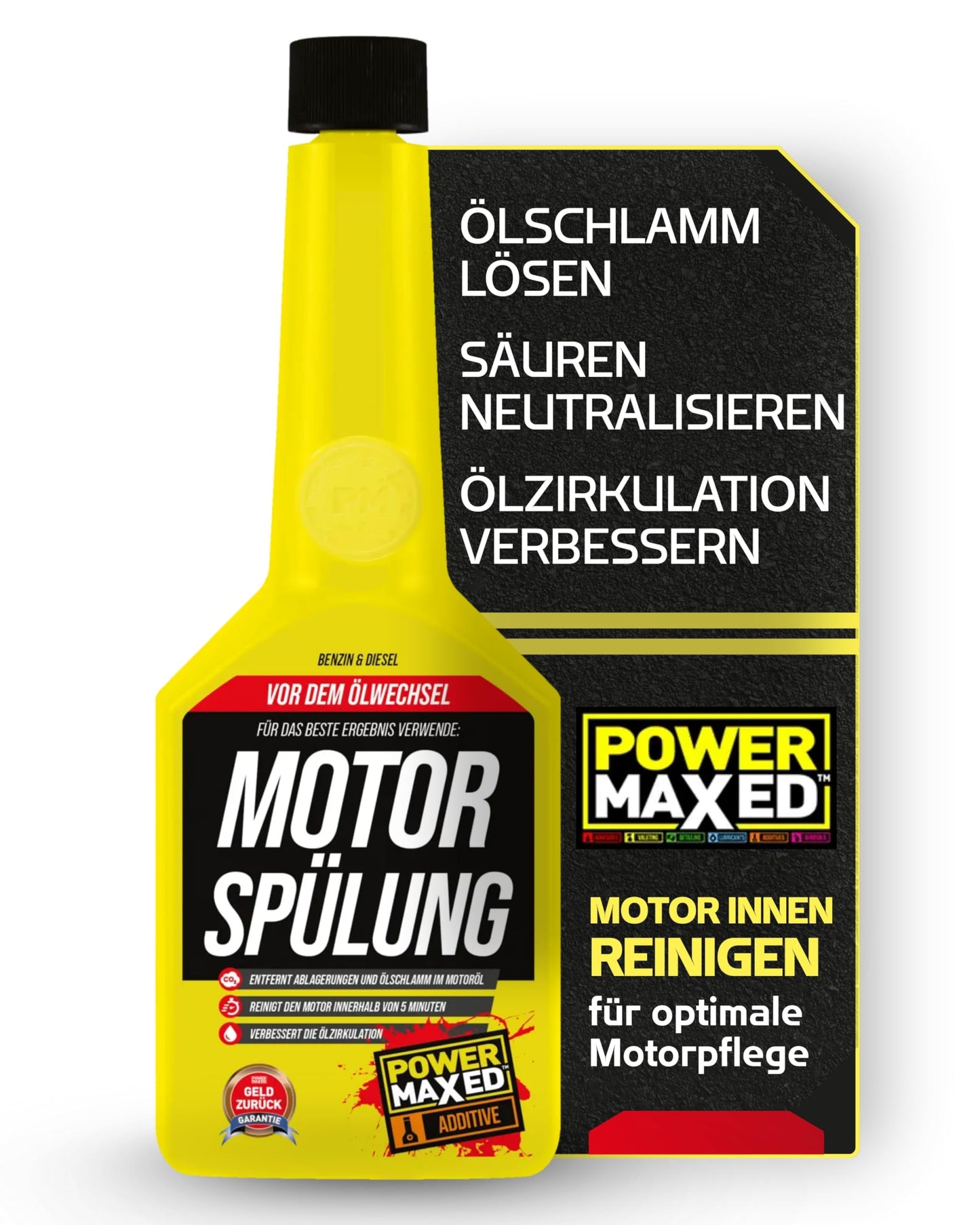 Motora skalošanas piedeva Power Maxed 325 ml – motora eļļas sistēmas tīrīšanai, noņem eļļas dūņas un nogulsnes, tīri eļļas kanāli un vienmērīgāks motora darbs