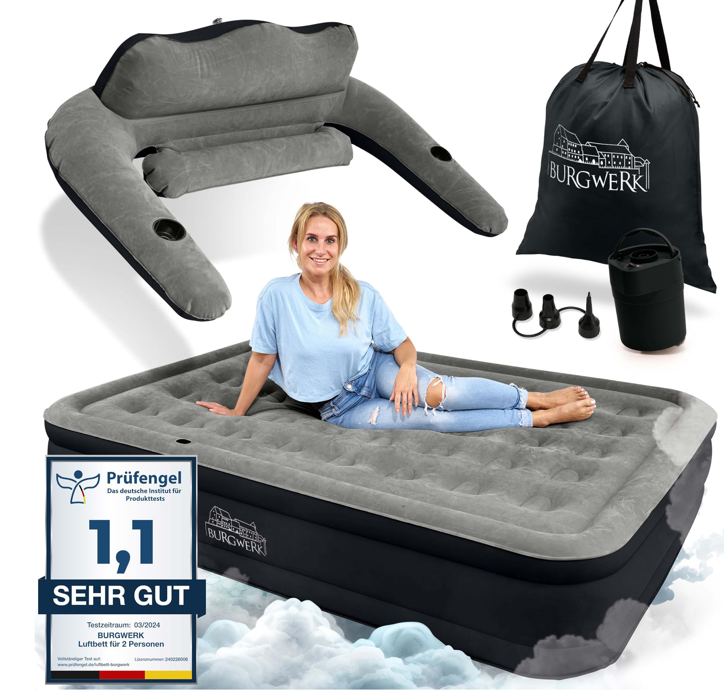 BURGWERK Premium pašpiepūšamais gaisa matracis 2 personām | daudzpusīga 3in1 viesu gulta un gaisa matracis ar atzveltni | 203x152cm XL Size | piepūšamais matracis ar sūkni | pašpiepūšamais gaisa matracis