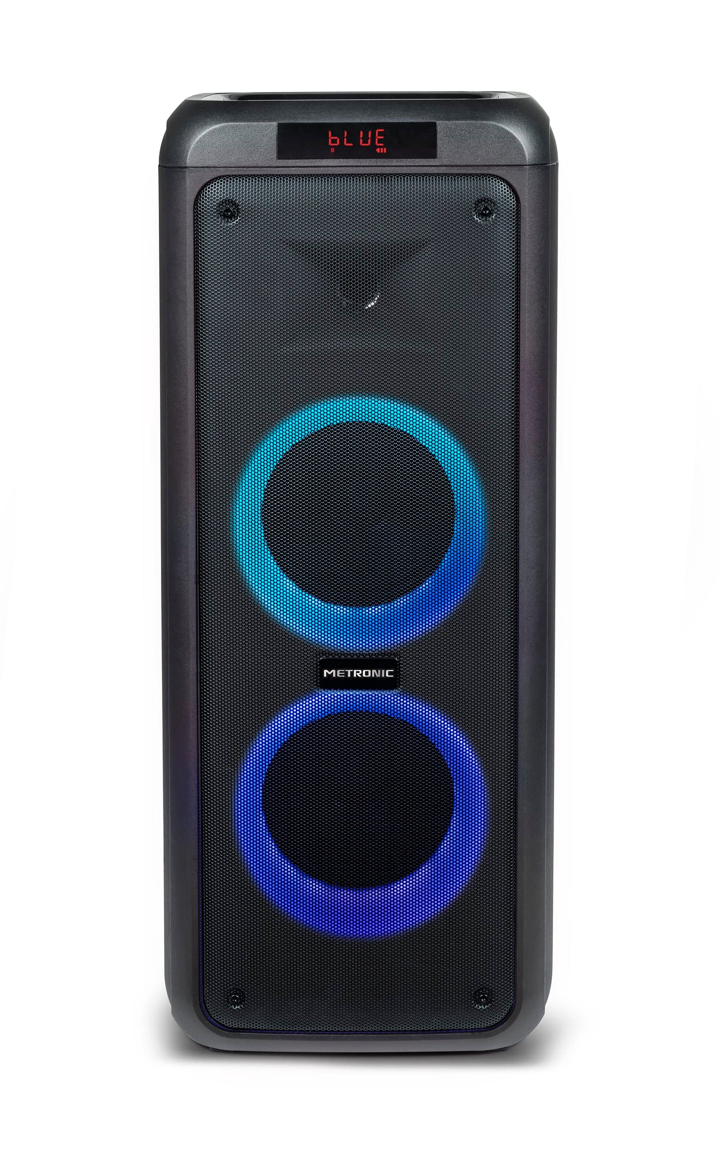 Metronic 477182 Pārnēsājamais Bluetooth skaļrunis, jaudīgs, 600 W, ballītei, XL, LED gaismas, USB, MicroSD, 2 ieejas mikrofonam, AUX-IN, tālvadības pults, rokturis, mikrofons iekļauts, melns