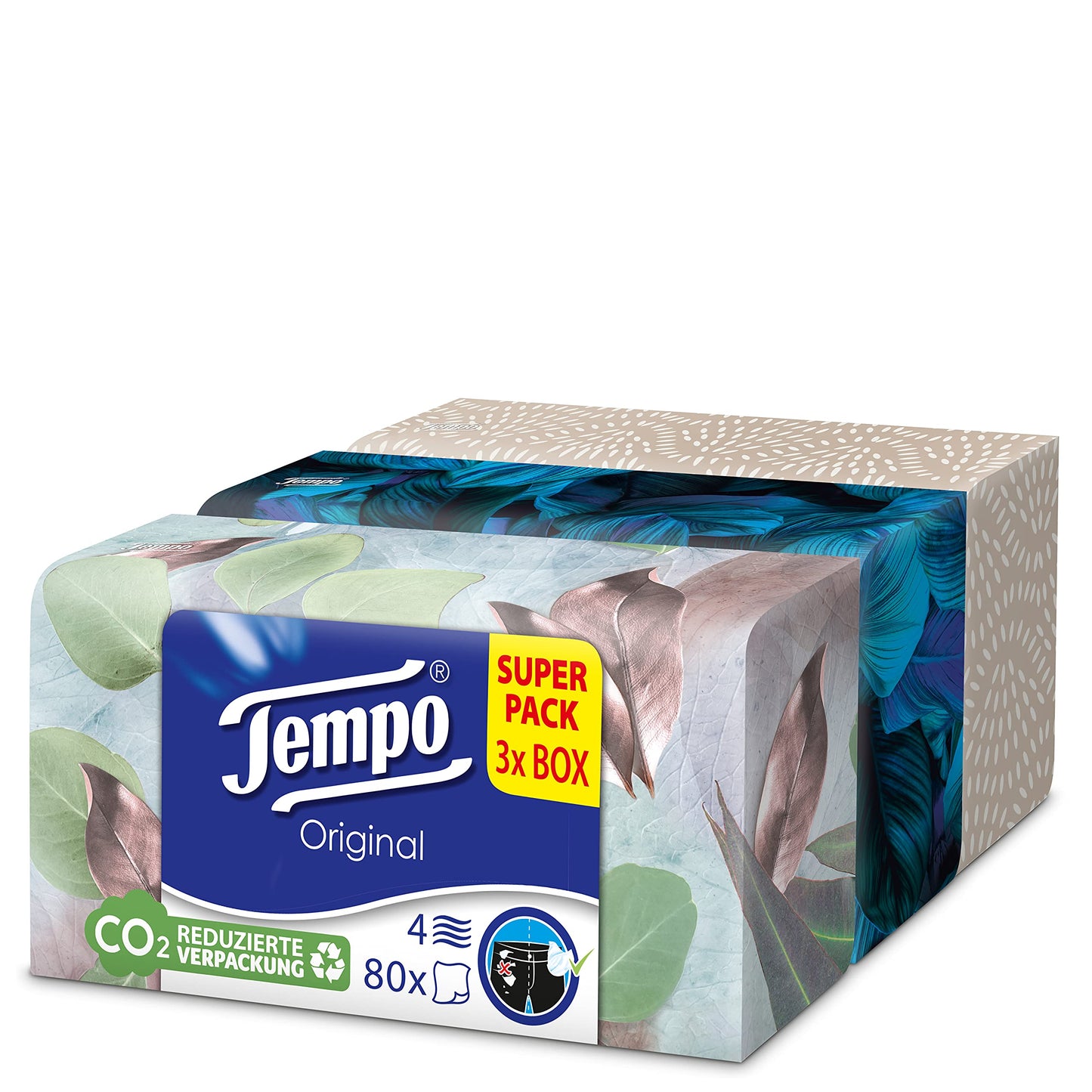 Tempo papīra kabatlakatiņi Original Trio-Box, 4 kārtu Tempo kabatlakatiņi praktiskā salvešu kastē ar pievilcīgu dizainu, 3 x 80 salvetes (240 salvetes)