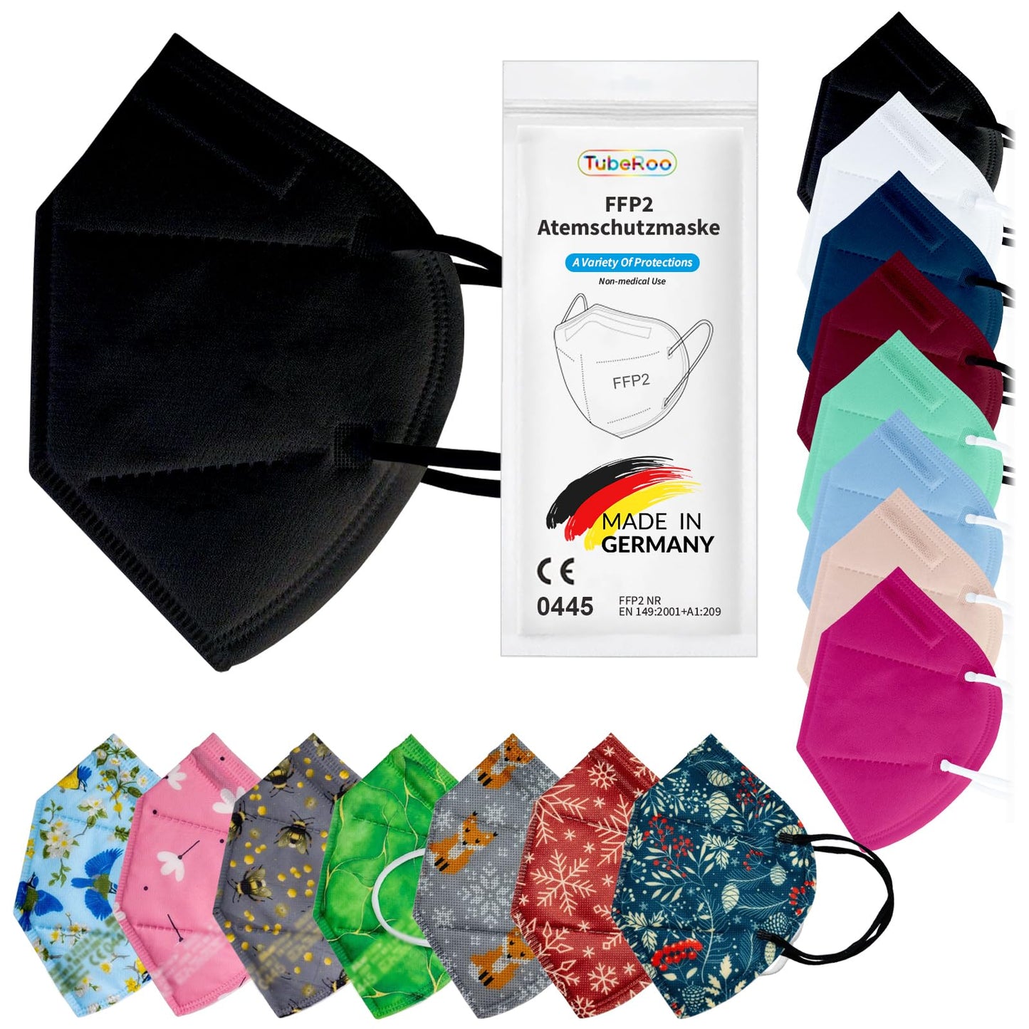 TubeRoo FFP2 maska melna, 5 gab., maskas no Vācijas, Made in Germany, mīkstas apaļas ausu cilpas, respirators, sejas maska, aizsargmaska, putekļu maska, smalko putekļu maska, pret alerģiju un ziedputekšņiem