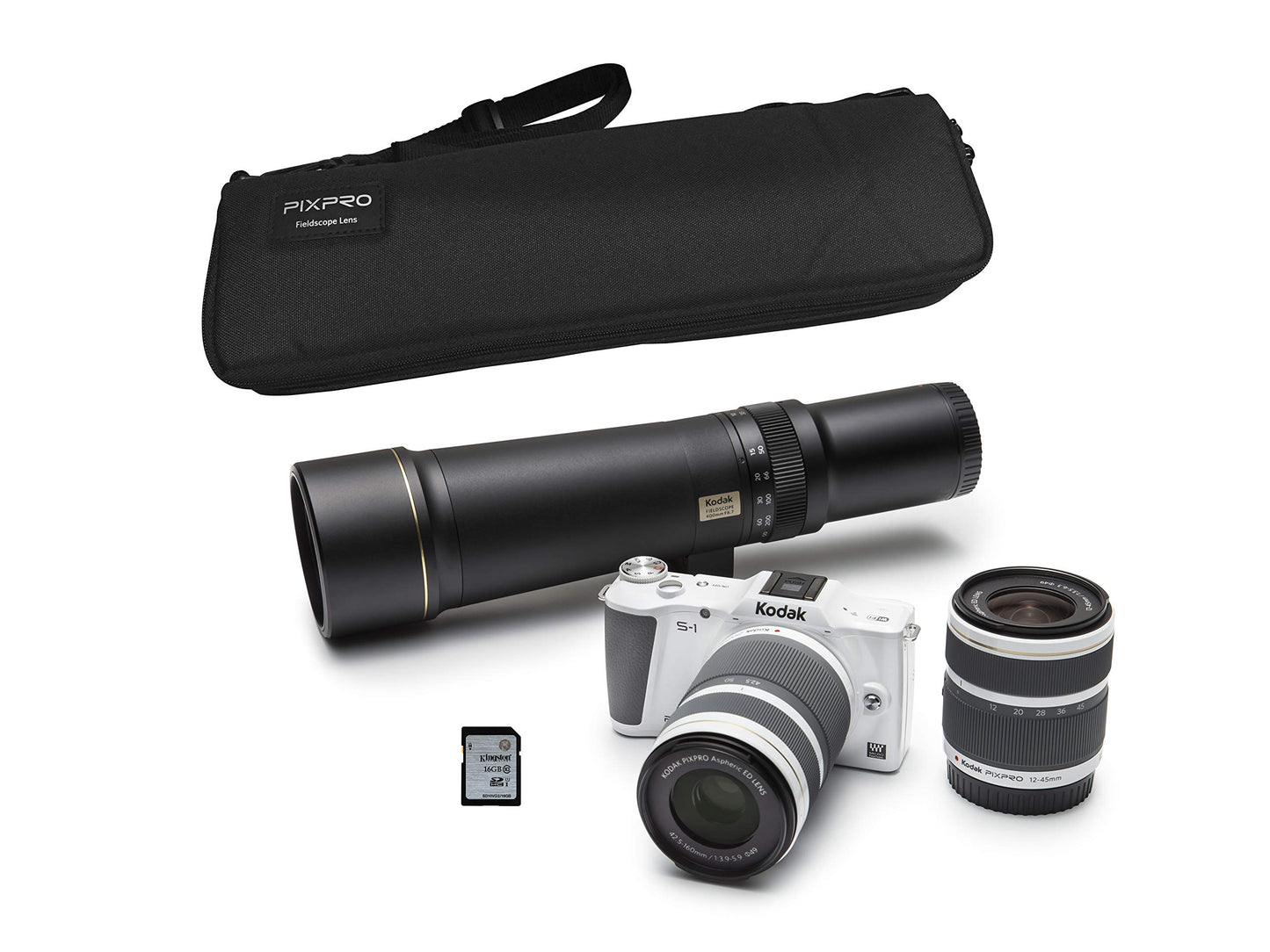 18. Kodak S-1 hibrīdkamera (Full HD video, 16 MP CMOS, Wi-Fi, 3 objektīvi + 2 korpusi + 16 GB atmiņas karte) balta