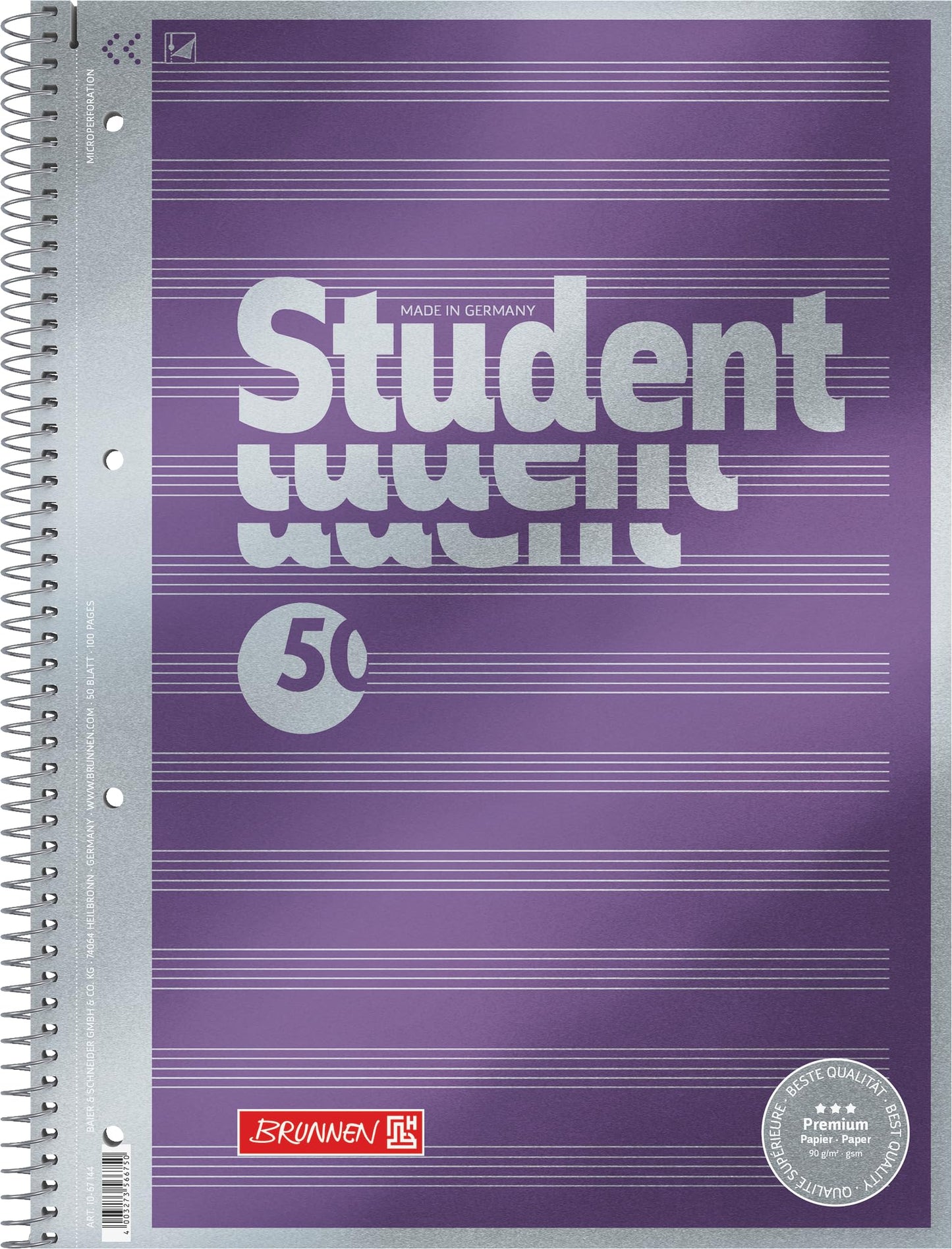 Skolas bloks BRUNNEN Collegeblock Premium Student „Noten“ | A4, Lineatur 14, 50 lapas, violets