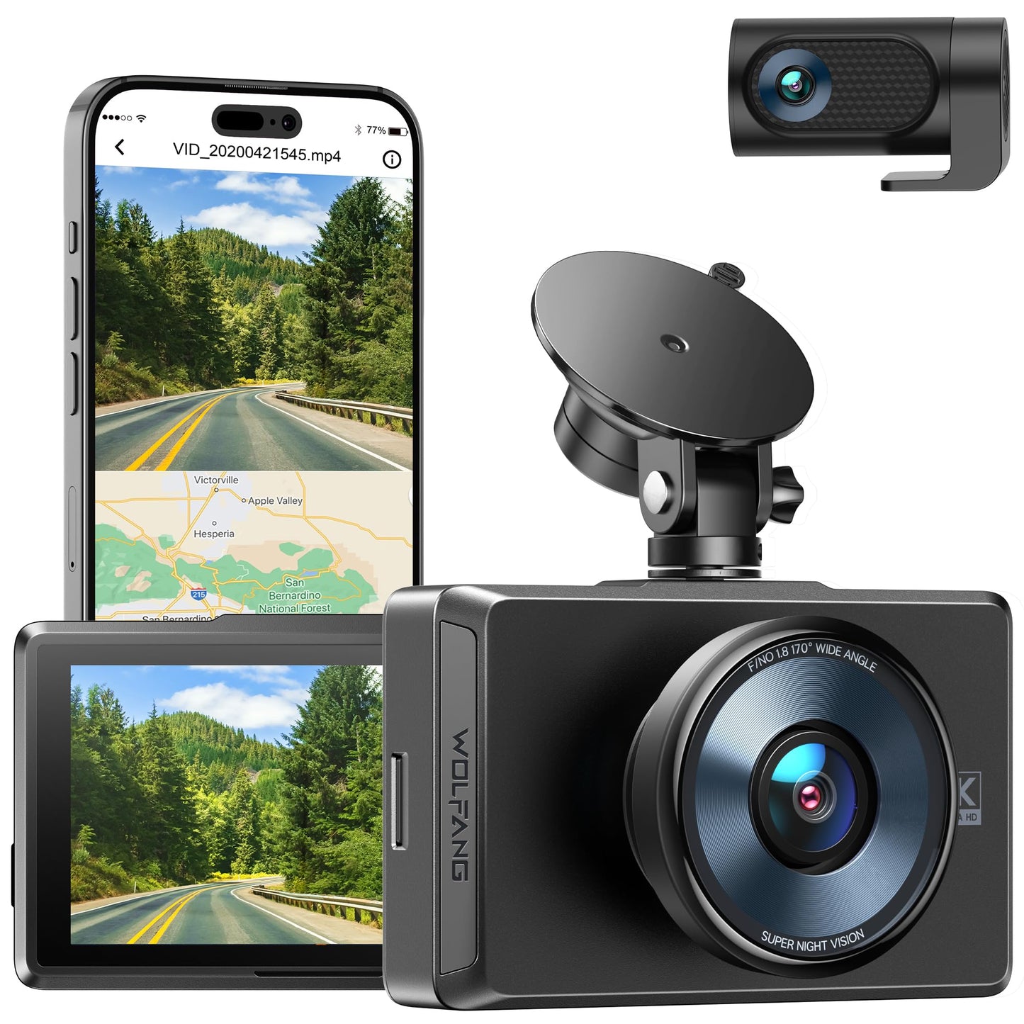 WOLFANG Dashcam automašīnai priekšā un aizmugurē, 4K divkārša dash cam, GPS WiFi dash cam, automašīnas paneļa ierakstītājs, 3" IPS ekrāns, nakts redzamība, cikla ieraksts 170 ° plašais leņķis WDR, atbalsta 256 GB maksimāli