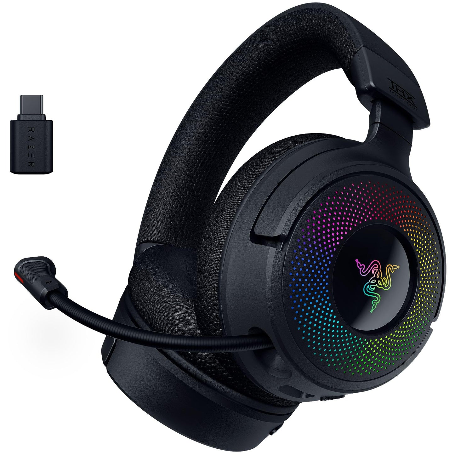 Bezvadu datora spēļu austiņas Razer Kraken V4 – 3 savienojuma režīmi, Triforce 40mm skaļruņi, 9 zonu RGB apgaismojums austiņu uzlikām, skaļuma un skaņas sajaukšanas vadība, THX Spatial Audio, melnas