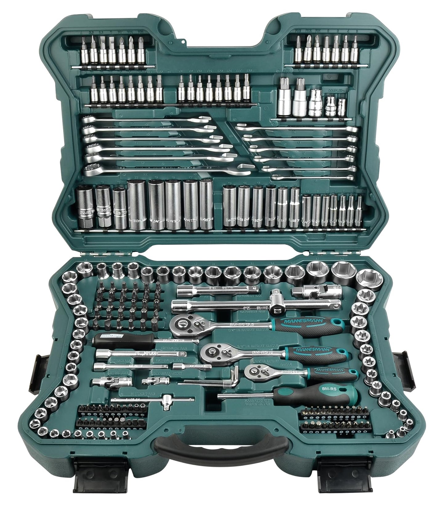 Uzgaļu un galviņu komplekts Brüder Mannesmann 1/4 Zoll, 3/8 Zoll, 1/2 Zoll, 215-daļīgs - instrumentu kaste ar sprūdratiem, skrūvgriezi, sešstūra atslēgām, pagarinājumiem, galviņām un bitiem|M98430
