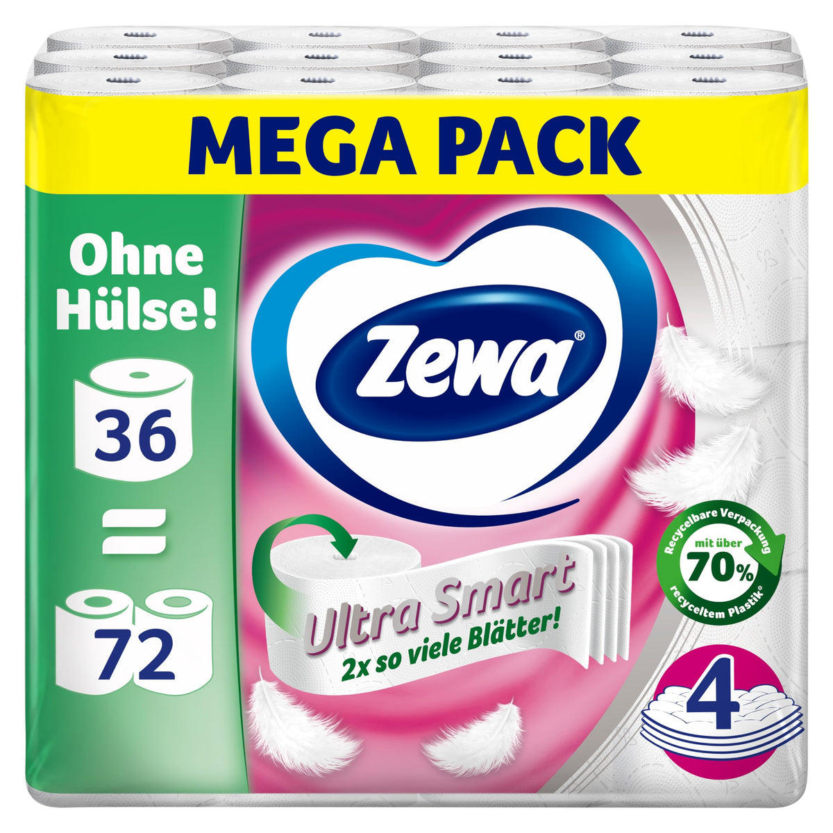 Tualetes papīrs Zewa Ultra Smart, 36 ruļļi pa 280 loksnēm, bez kartona serdes, 4 slāņi, gaišs