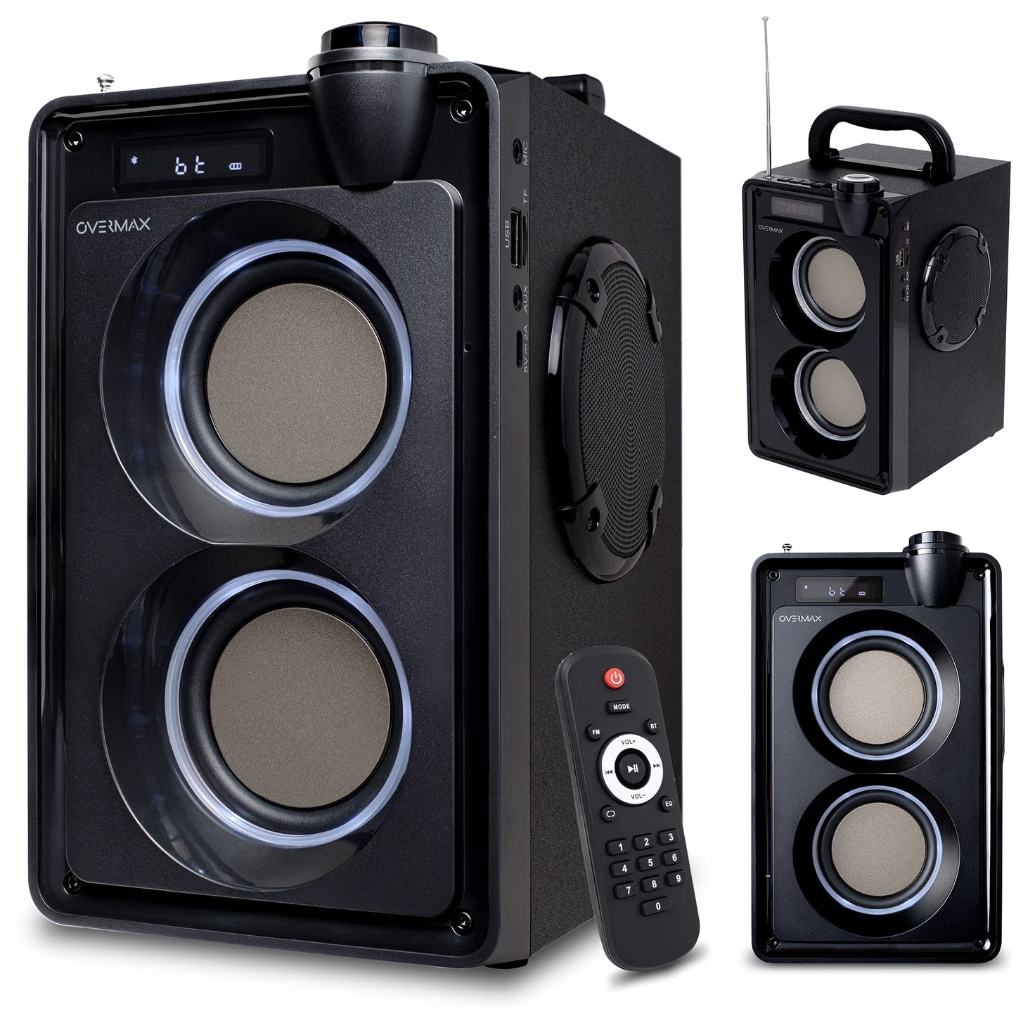 Overmax Soundbeat 5.0 Bluetooth skaļrunis, USB, SD, AUX radio, 20 W, karaoke funkcija, audio failu atskaņošana, FM radio, Mini Jack 3,5 mm, USB, AUX akumulators, 3600 mAh 8 stundas darbības.