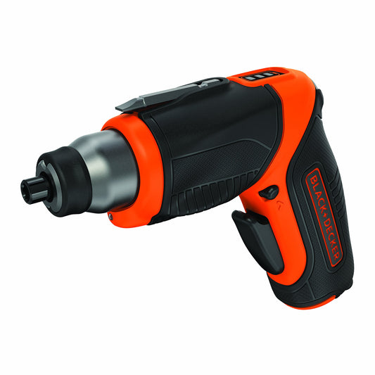 Black+Decker 3.6V Li-Ion Pivot Screwdriver - 1.5Ah battery, 2-position handle, includes Micro-USB cable and 5 bits.