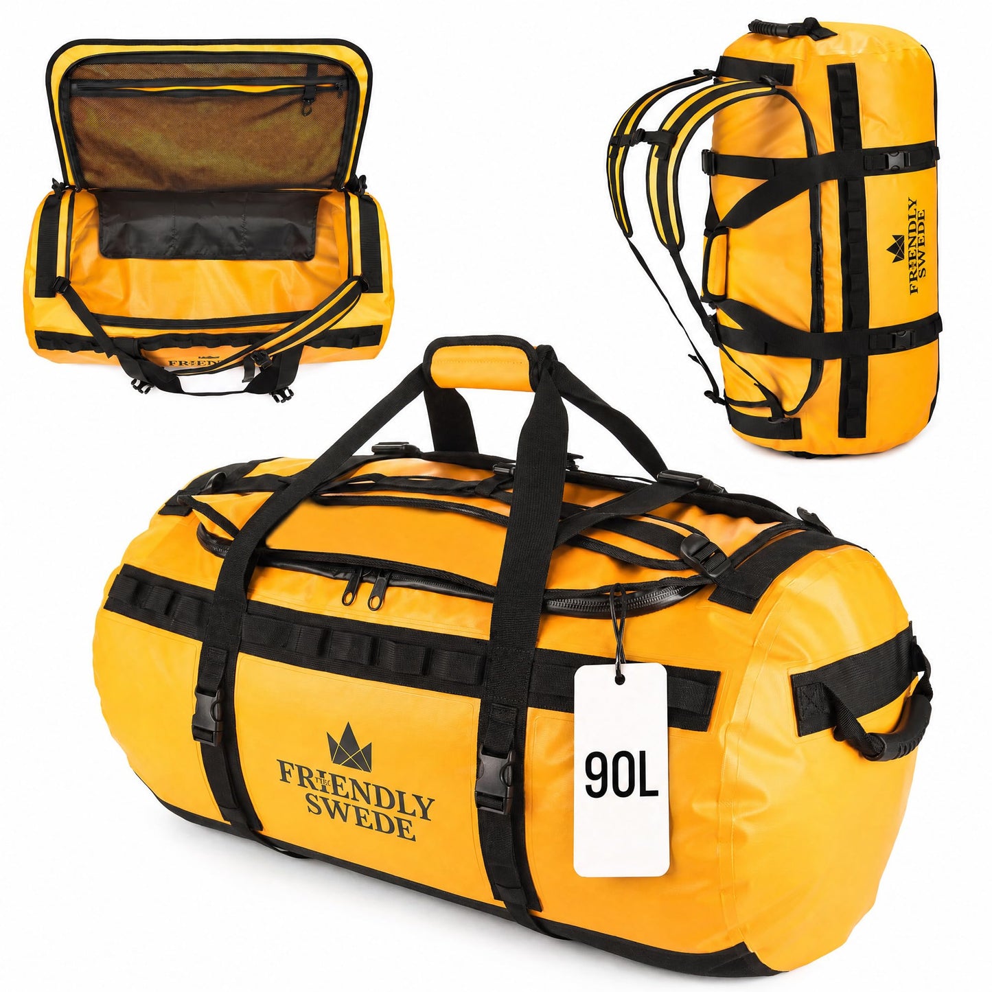 Ūdensizturīga ceļojumu soma The Friendly Swede Sandham, 90 l, dzeltena, mugursomas funkcija