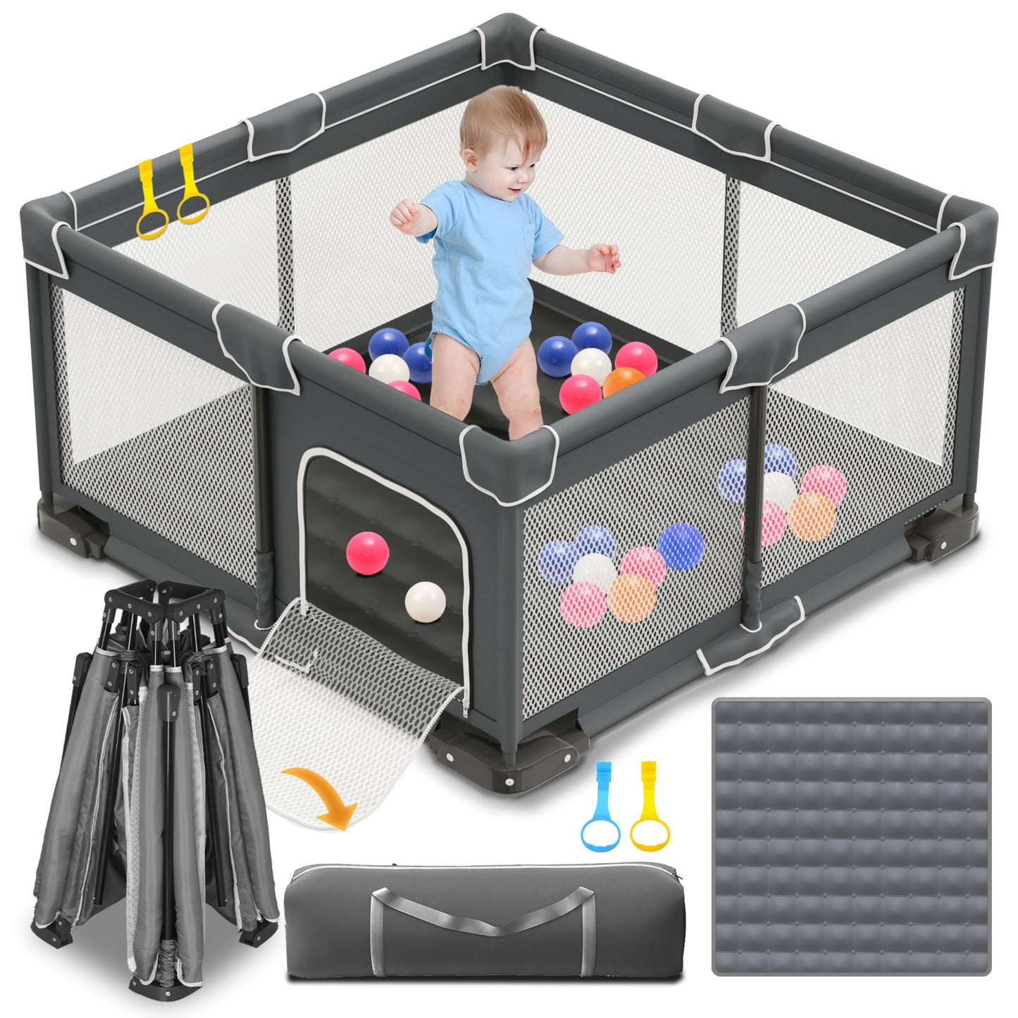 Saliekama bērnu manēža Hushluff ar paklājiņu un pārnēsāšanas somu, 124 × 124 cm, uzstādīšana bez instrumentiem 1 minūtē, droša lietošanai telpās un ārā