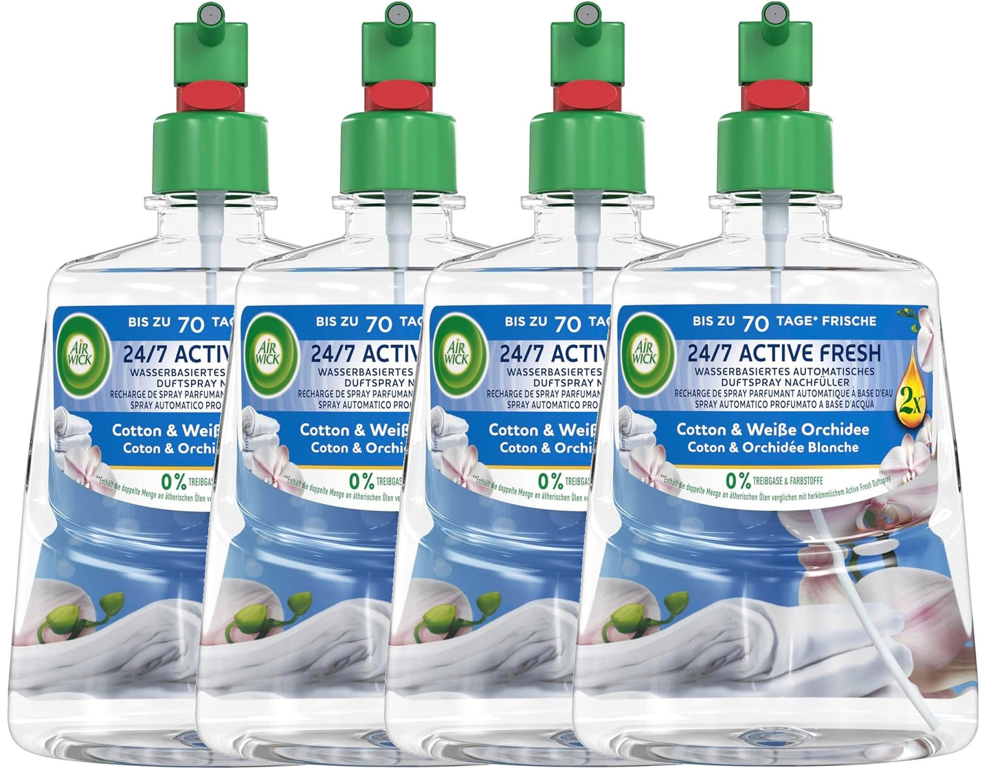 Automātiskā gaisa atsvaidzinātāja uzpildes Air Wick Active Fresh, Cotton & White Orchid aromāts, bez aerosola, 4 x 228 ml