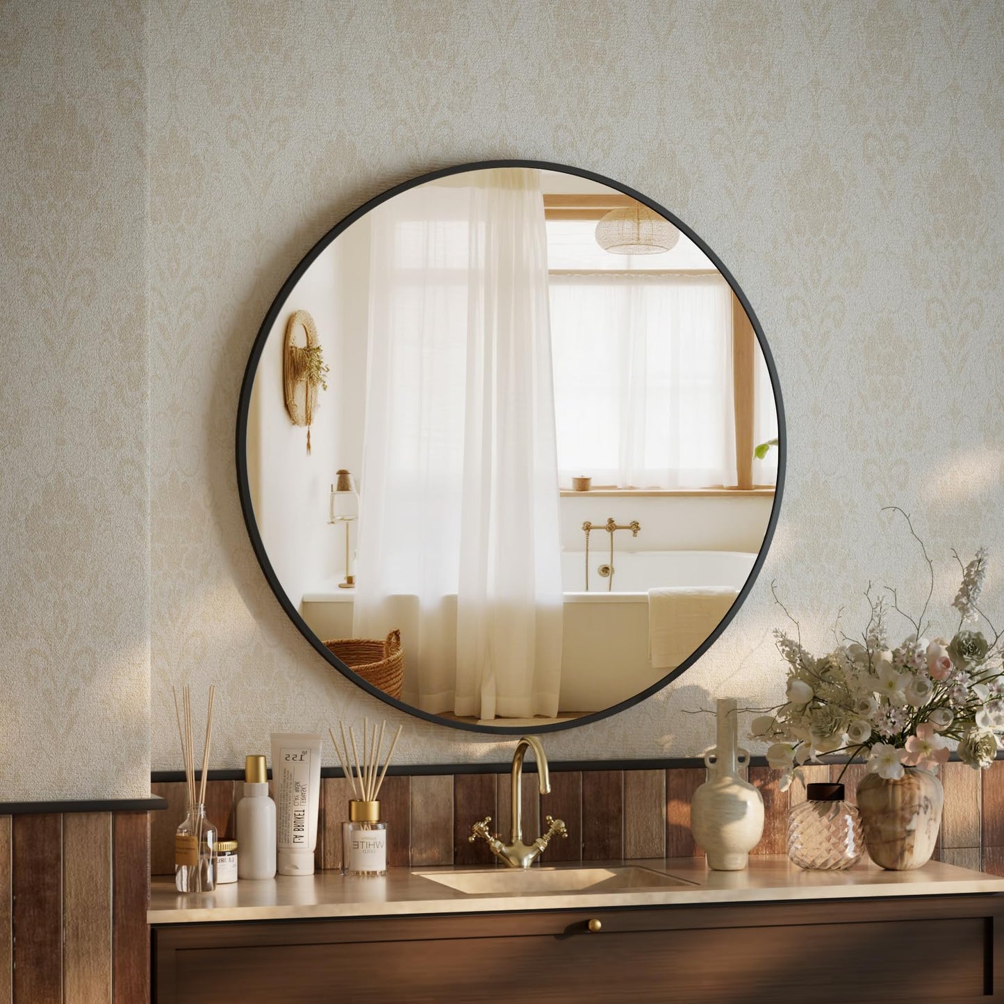 Apaļš spogulis BEAUTYPEAK, 46cm, brīvi nesaplīstošs sienas spogulis ar alumīnija rāmi