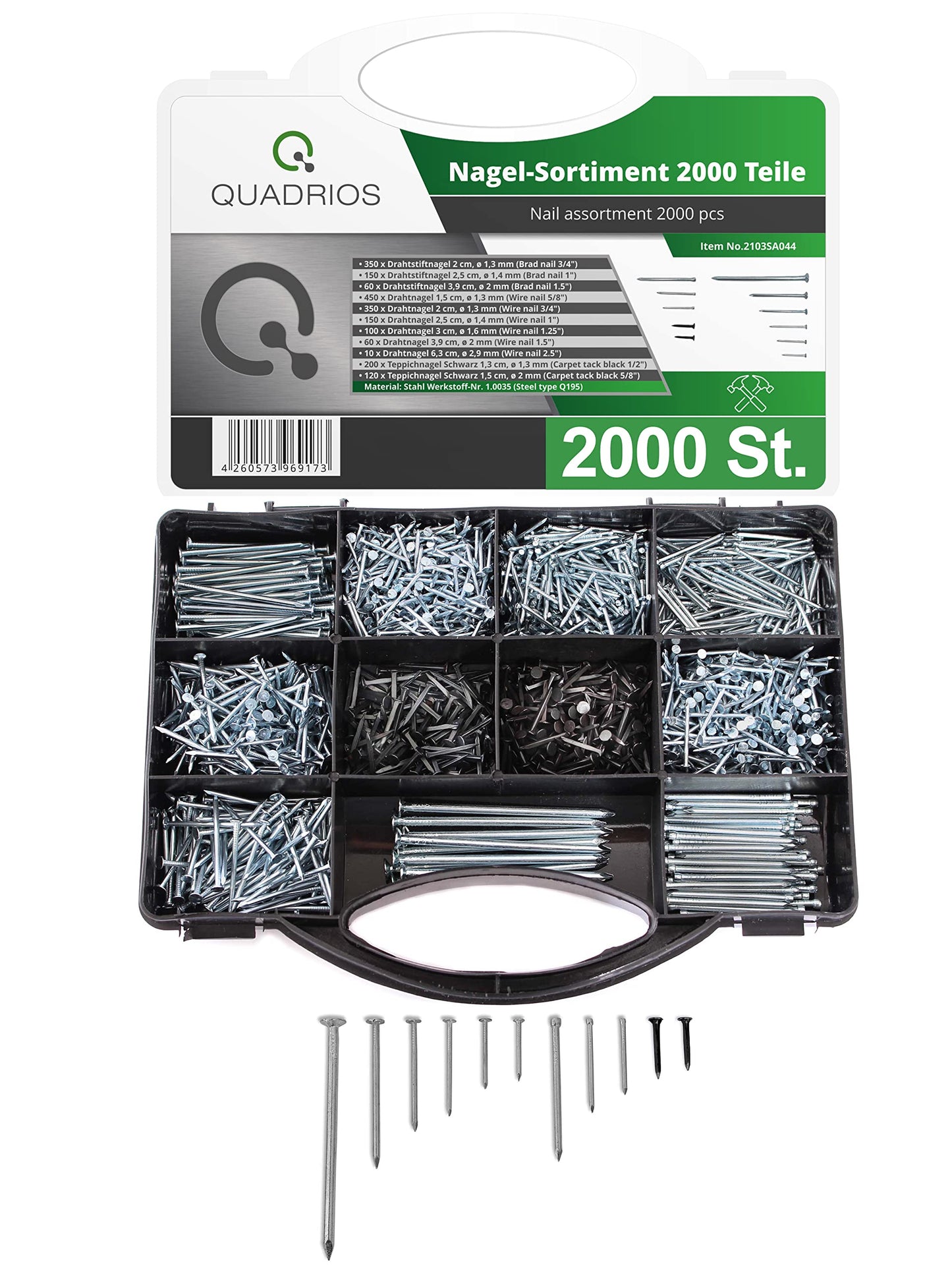 Stahlnagļu sortiments QUADRIOS GmbH 2000 gab., dažādas naglas, paklāja naglas, stieples naglas, tapas naglas, līstīšu naglas, šķirotas koferī (sudrabs, melns) - mājas meistariem, amatniekiem un būvniecībai