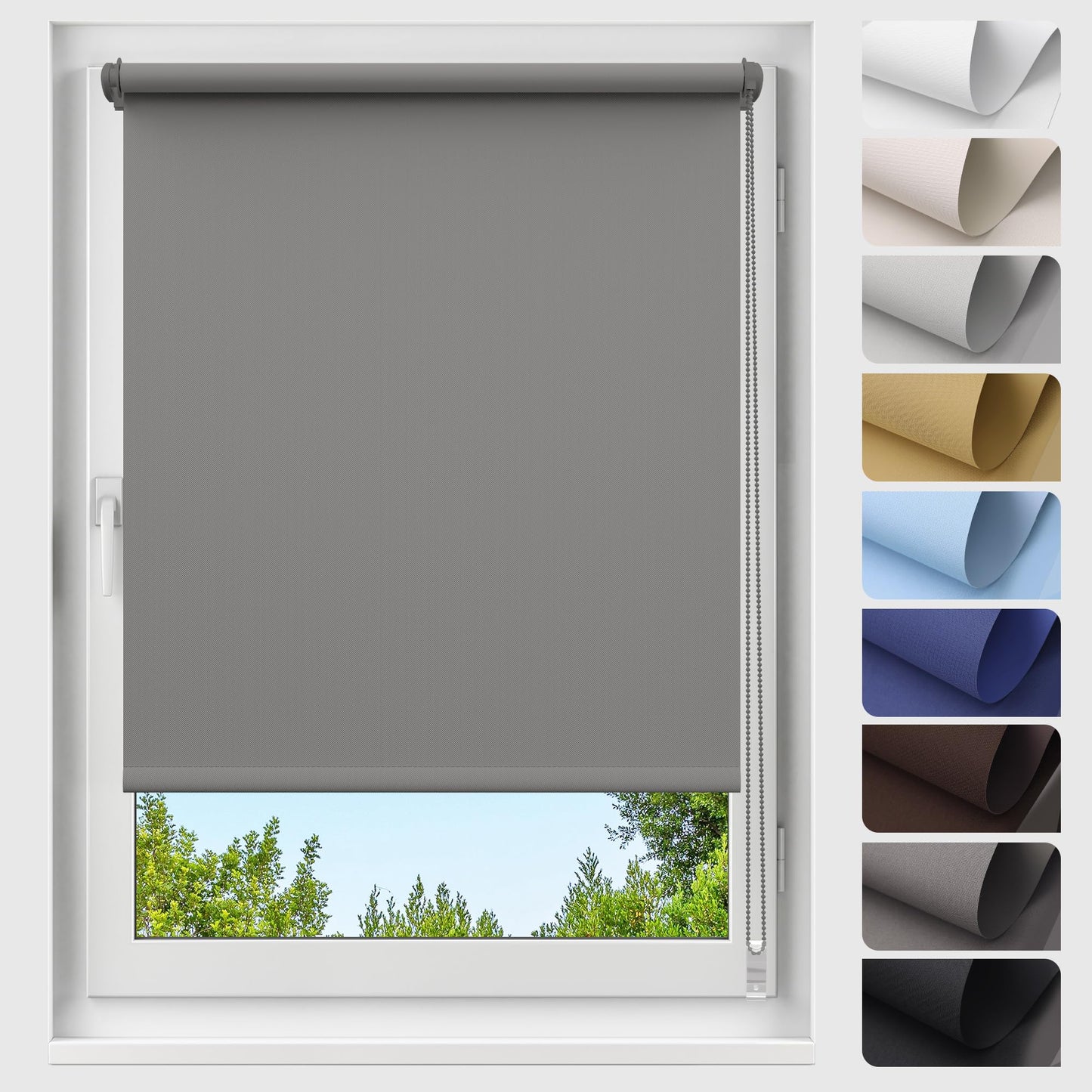Tumšošanas žalūzijas Allesin bez urbšanas, tumši pelēka, B45 x H170 cm (auduma platums 45 cm), termo rullo žalūzijas, klipšu stiprinājums, loga žalūzijas, privātuma un saules aizsardzība, sānu ķēdes vadība