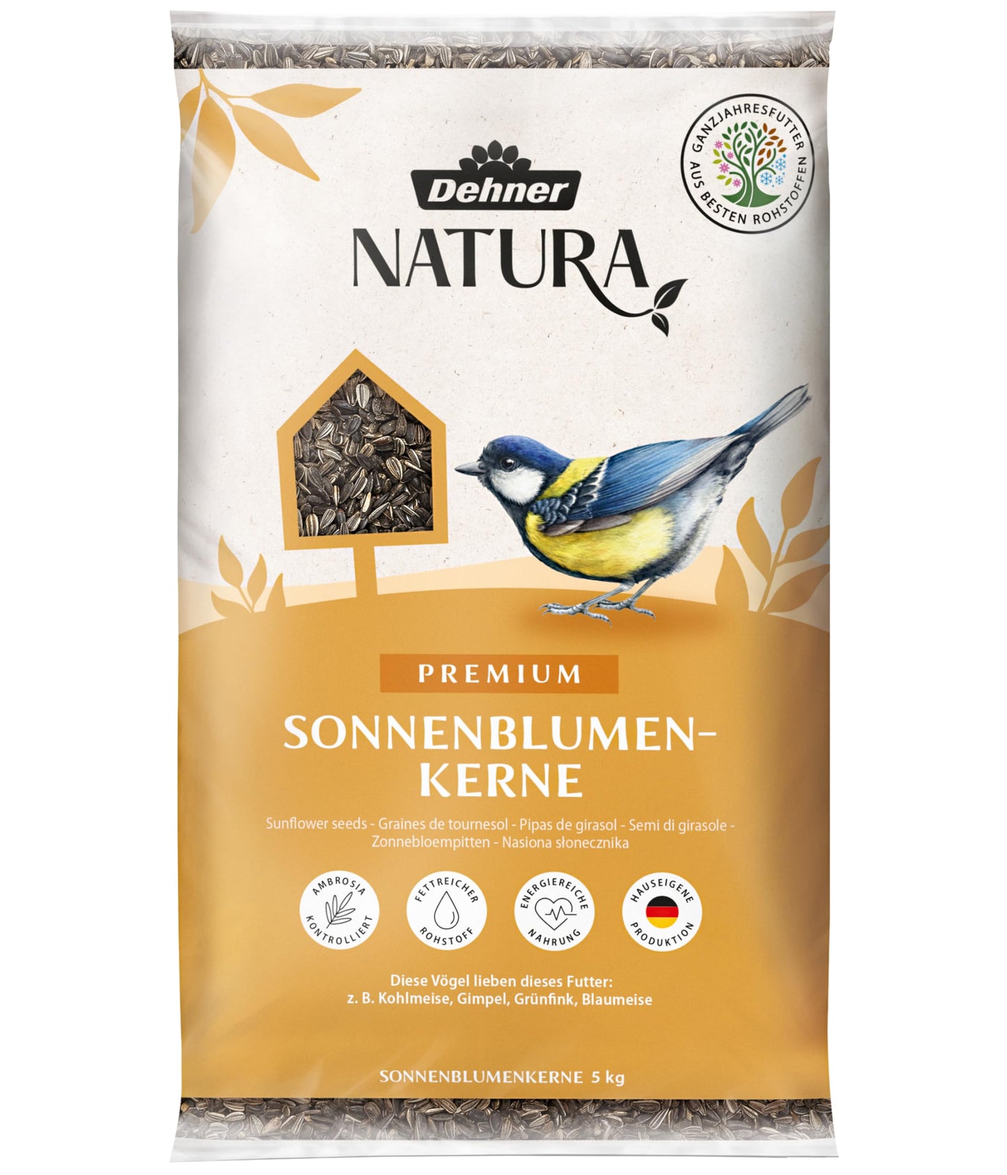 Putnu barība Dehner Natura Premium savvaļas putniem, saulespuķu sēklas, 5 kg, olbaltumvielām un enerģijai bagātas visu gadu