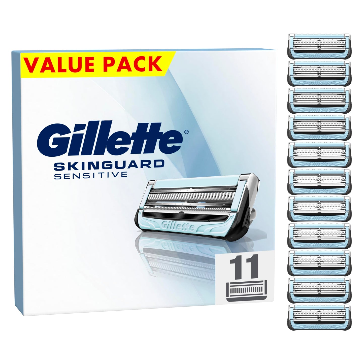 Gillette SkinGuard Sensitive skuvekļu asmeņi, asmeņi vīriešiem, 11 oriģinālie rezerves asmeņi mitrai skuvei vīriešiem, uzlabota slīdēšanas josla, piemērota Fusion rokturiem