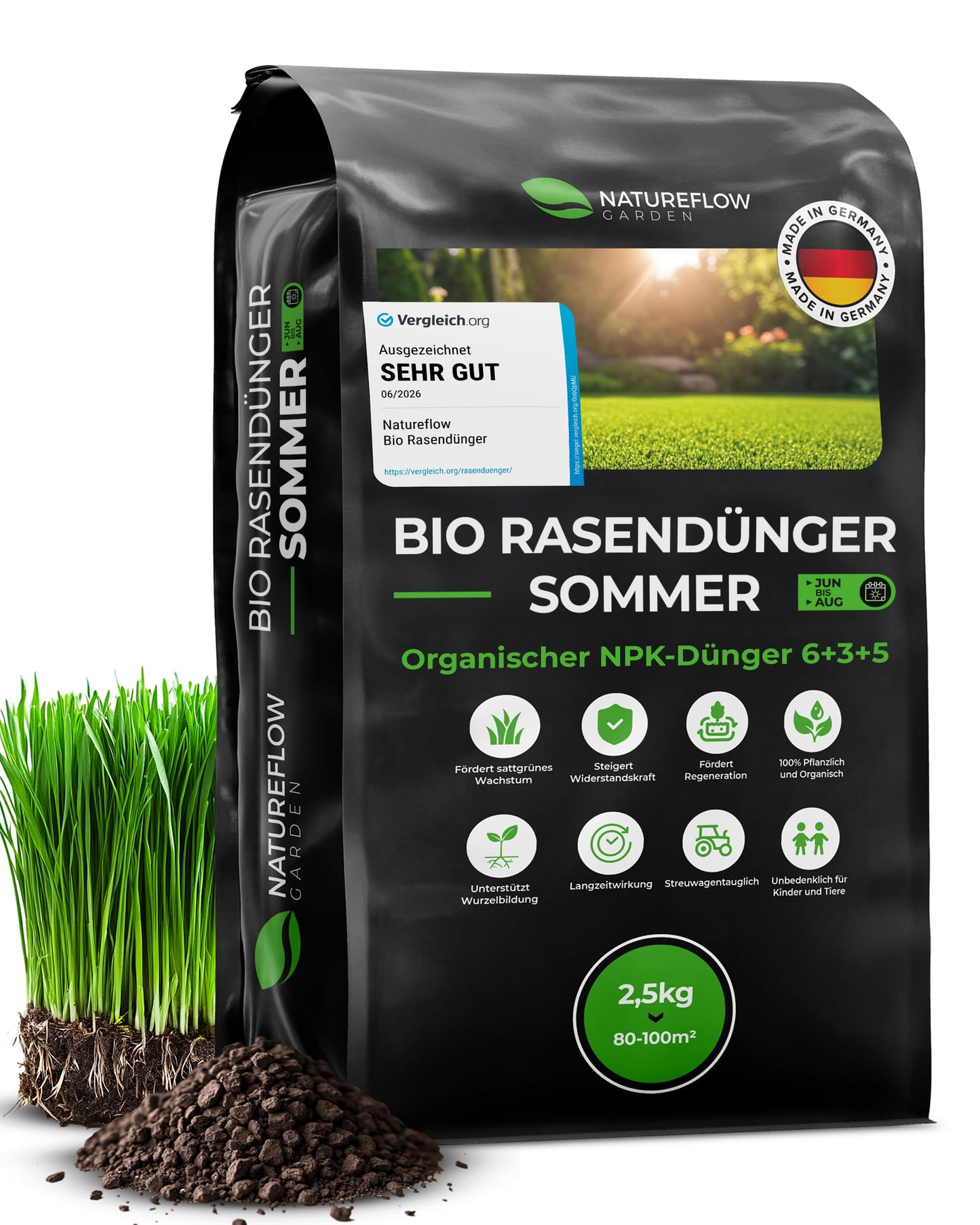 Organiskais zāliena mēslojums Bio Rasendünger Sommer TESTSIEGER Made in Germany 2,5kg 100qm veselīgai augsnei un koši zaļam zālienam Natureflow Garden