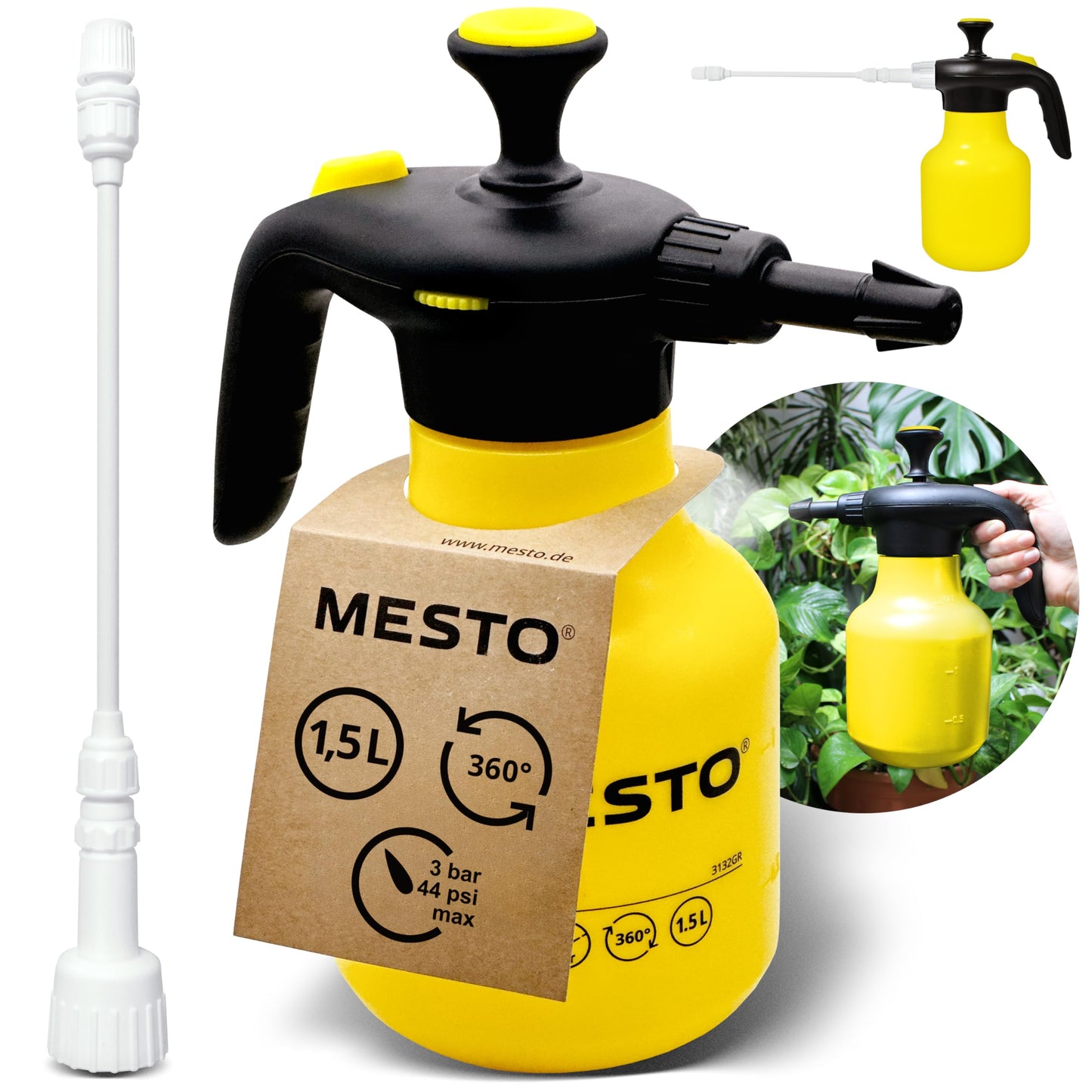Spiediena smidzinātājs Mesto BUGSI 360° 1,5L komplekts ar MESTO pagarinājuma cauruli 27cm | smidzināšanas pudele dārzam un augiem | pumpja smidzinātājs | smidzināšanas ierīce ar 2 in 1 vārstu | augu smidzinātājs | regulējama sprausla