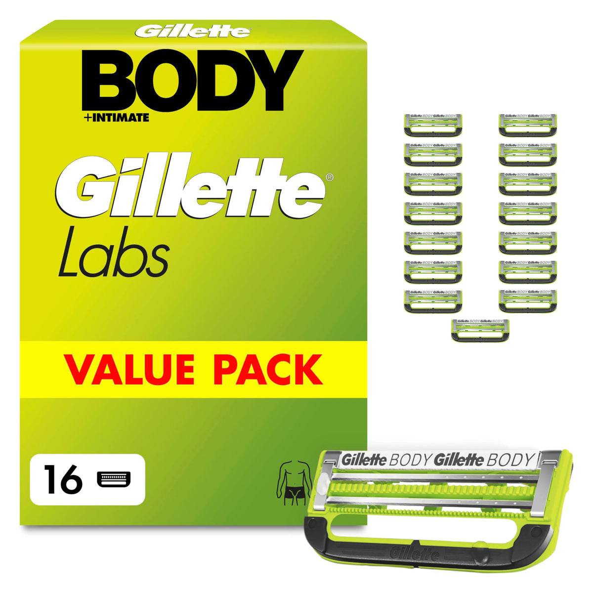 Gillette Labs Body & Intimate skūšanās asmeņi, 16 oriģinālas rezerves asmeņu kasetes, zaļi