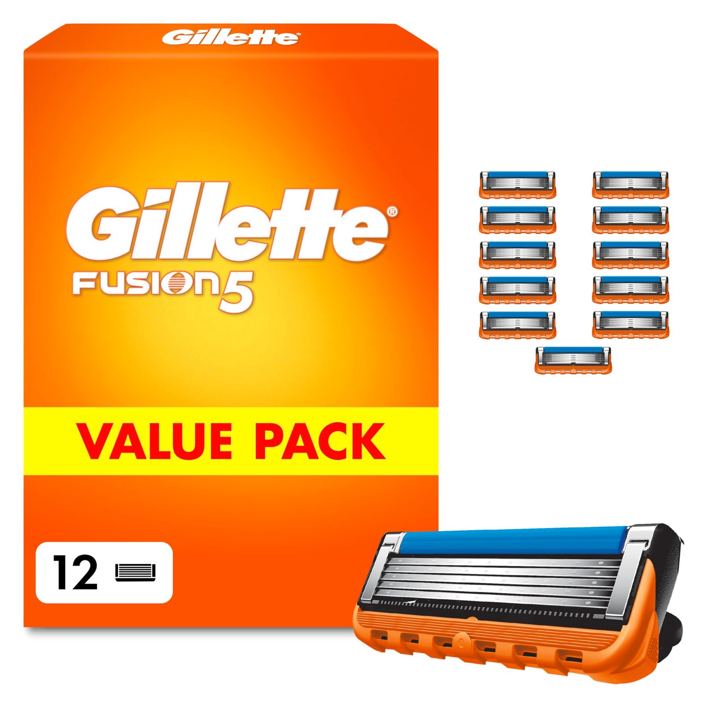 Gillette Fusion 5 vīriešu skuvekļa asmeņi, 12 oriģināli asmeņi, oranži