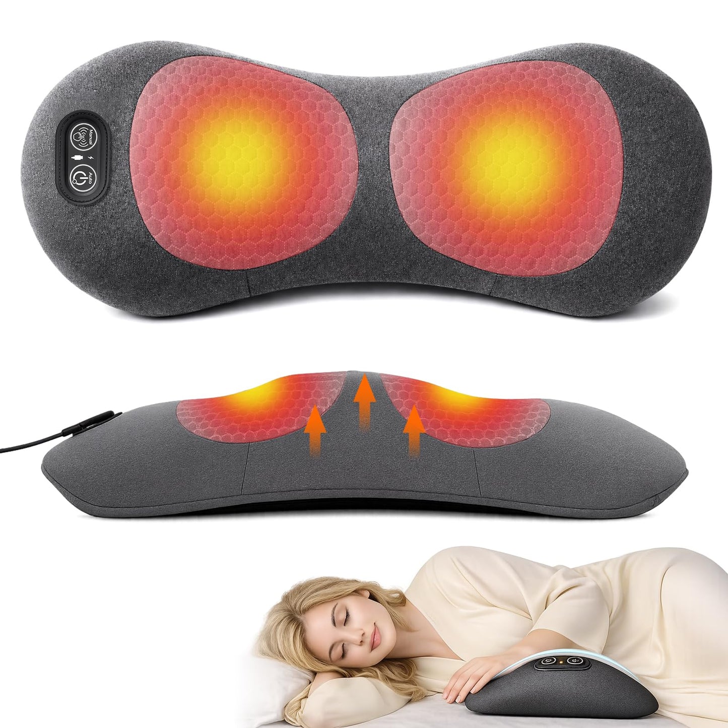 3 In 1 muguras masāžas ierīce Deep Comfort ar vilkmi, vibrāciju un sildīšanu, ergonomisks balsts muguras lejasdaļai ar viedu vadības slēdzi, darbināma no elektrotīkla