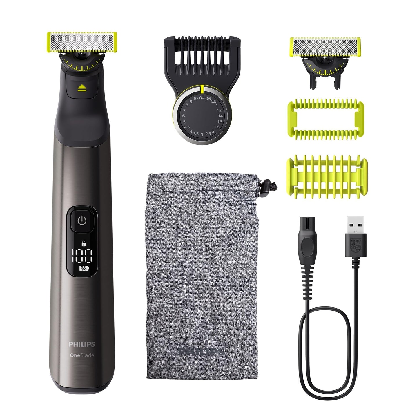 PHILIPS OneBlade Pro 360 Sejai un Ķermenim - elektriskais skuveklis, trimmeris un ķermeņa kopšanas rīks, 2x 360 asmeņi, precizitātes ķemmes, 2x ķermeņa uzgaļi, ceļojumu soma, sejai un ķermenim (QP6552/30)