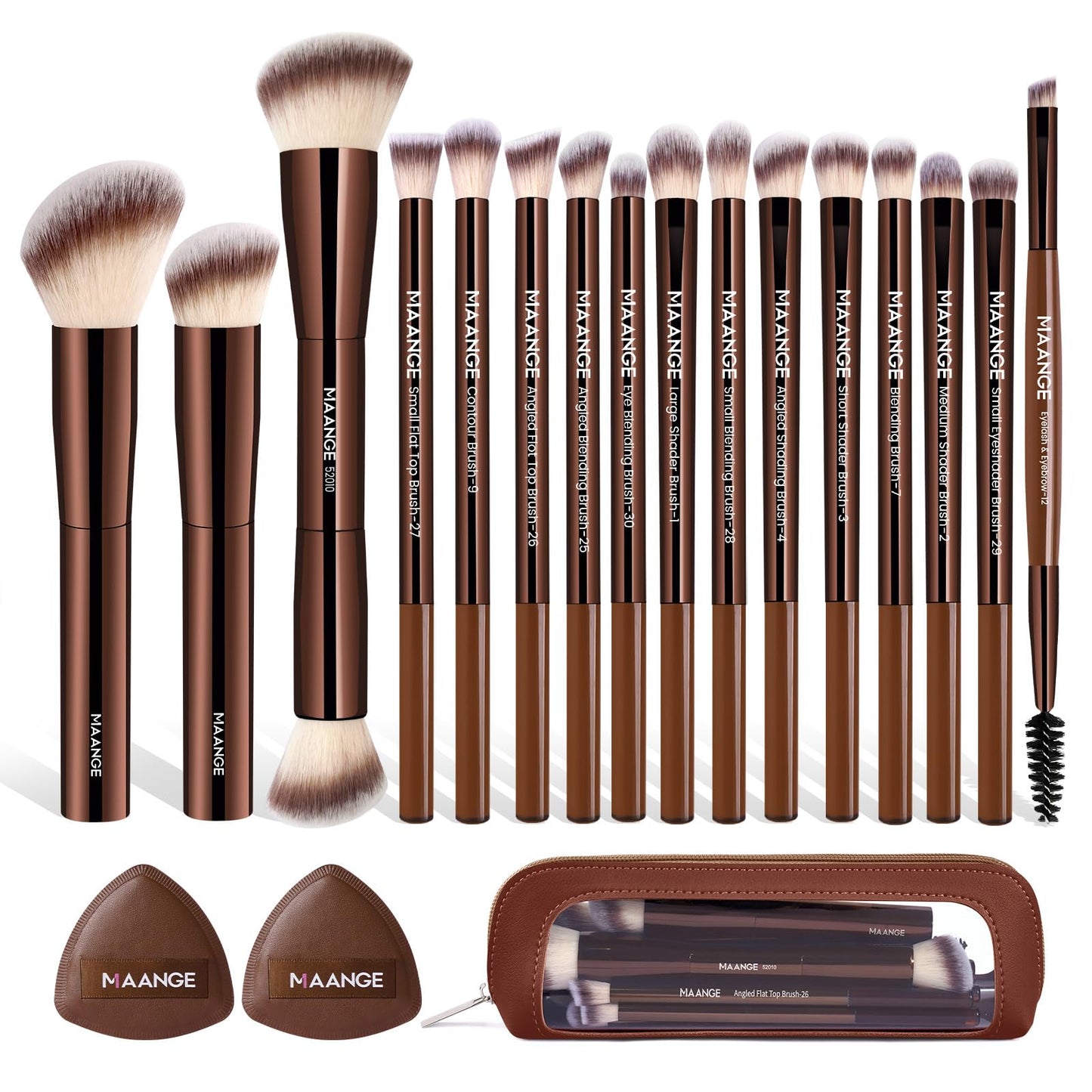 MAANGE make-up otu komplekts, 19 daļas, ceļojumu kosmētikas otu komplekts ēnām, pūderim, korektoram un tonālajam krēmam ar maciņu, Coffee