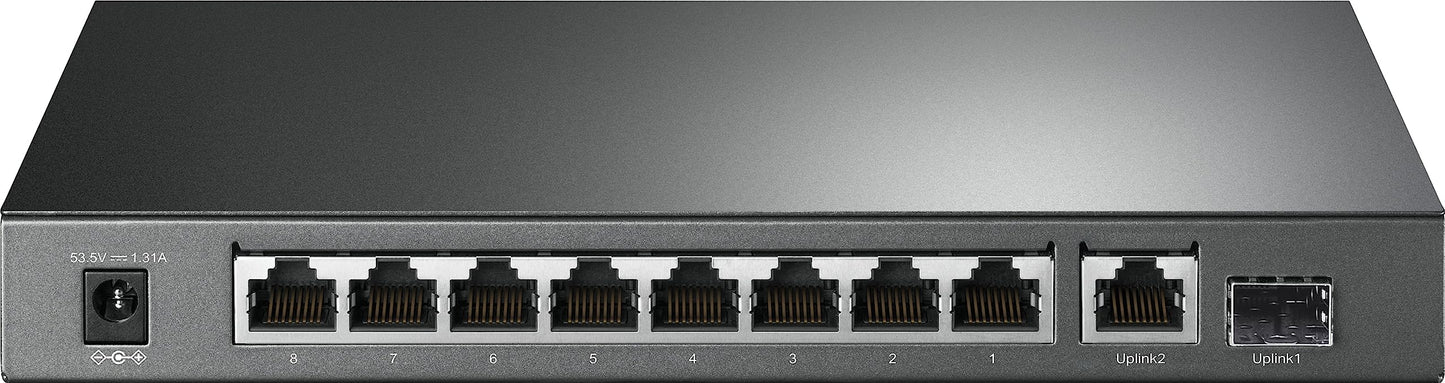 Gigabit PoE tīkla slēdzis TP-Link TL-SG1210P, 10 porti, 8 Gigabit PoE+ porti, 1 Gigabit SFP ports, 63 W, IEEE-802.3af/at, QoS, IGMP, bez ventilatora, melns