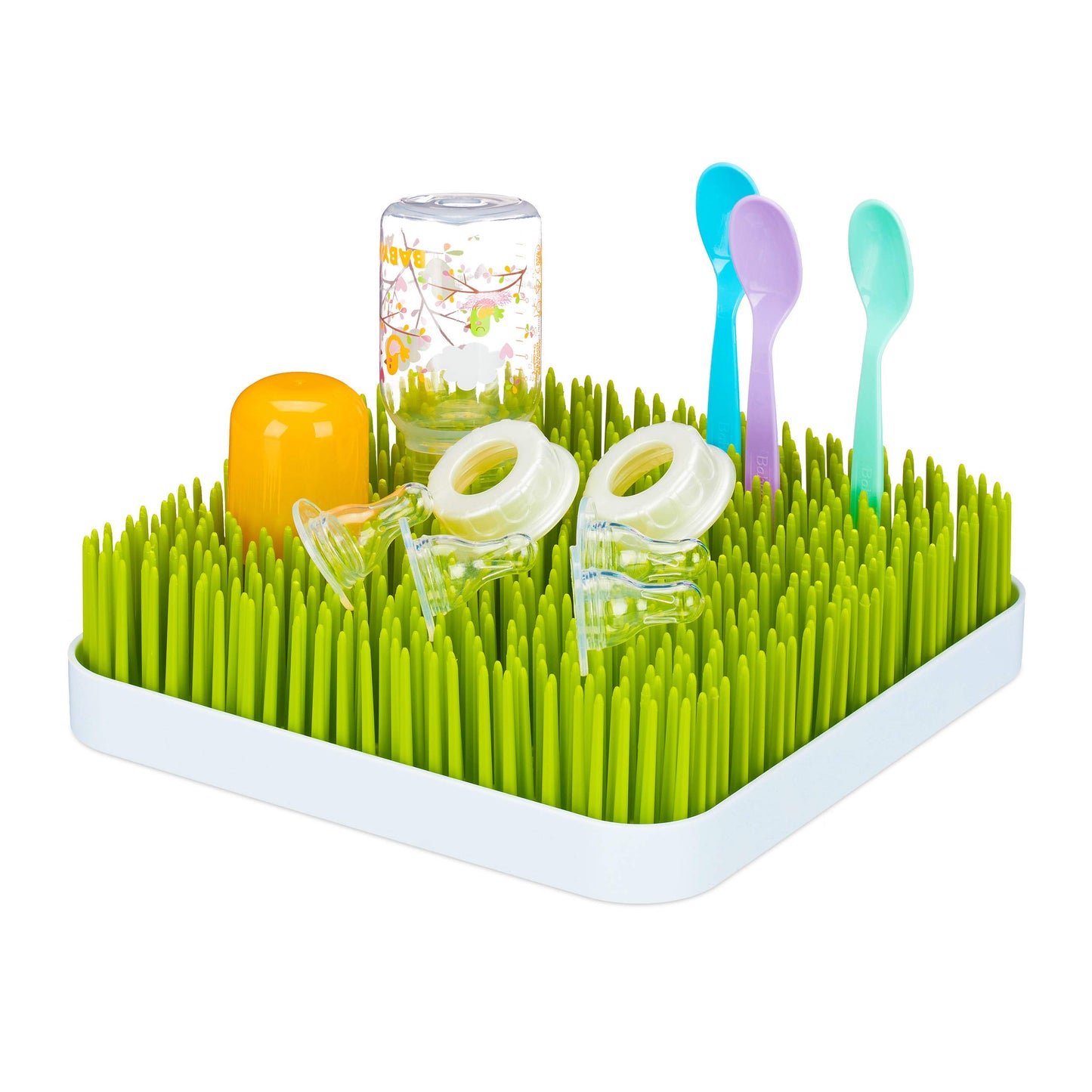 Zīdaiņu pudeļu žāvētājs Little Choice, ar notecināšanas paplāti, zāles dizains, plastmasas pudeļu žāvētājs, 23x23cm, zaļš/balts