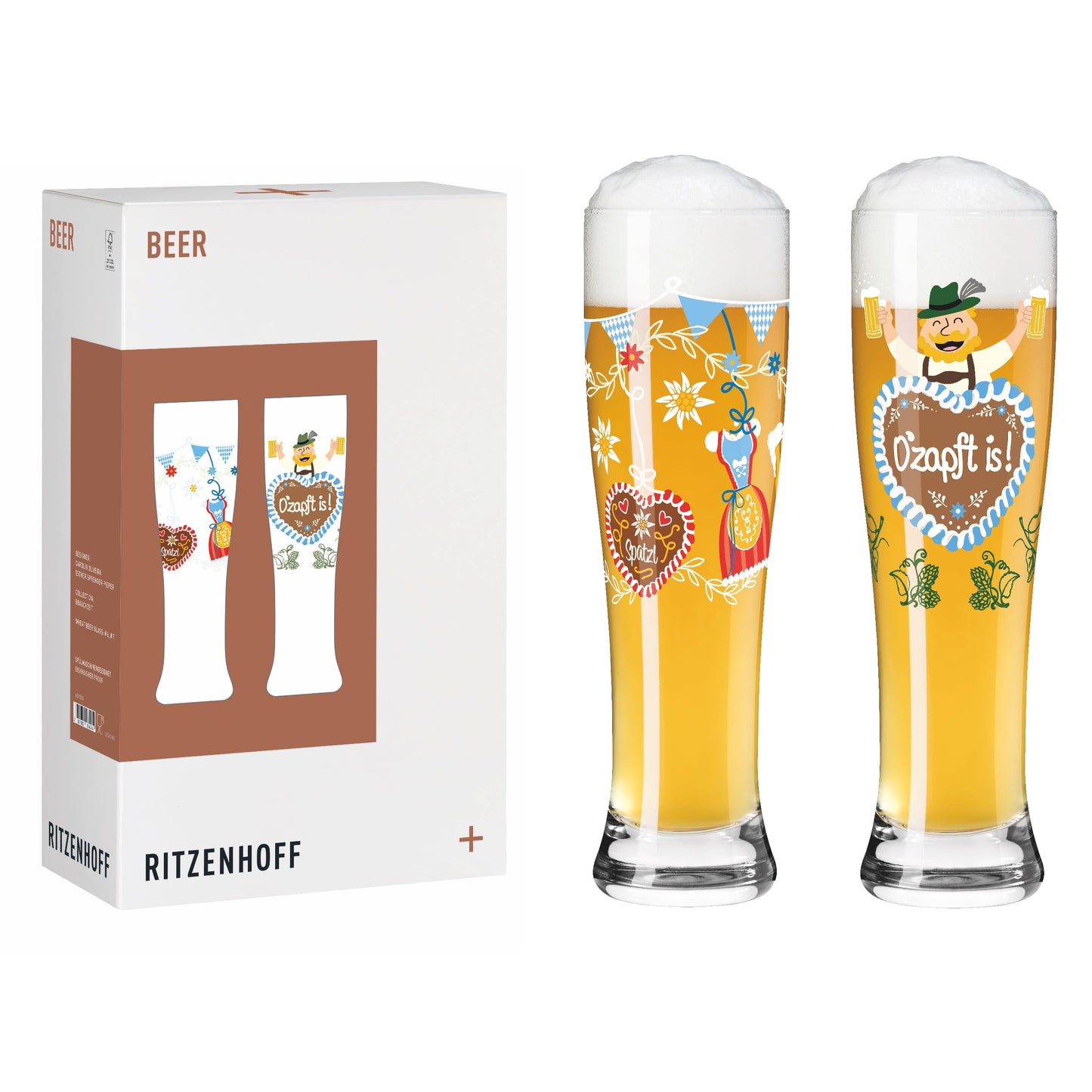 Alus glāzes RITZENHOFF 6021003, 2 gab., 500 ml, kviešu alus glāzes, Brauchzeit sērija, motīvs O’zapft is!, brūna, zila, zaļa un sarkana