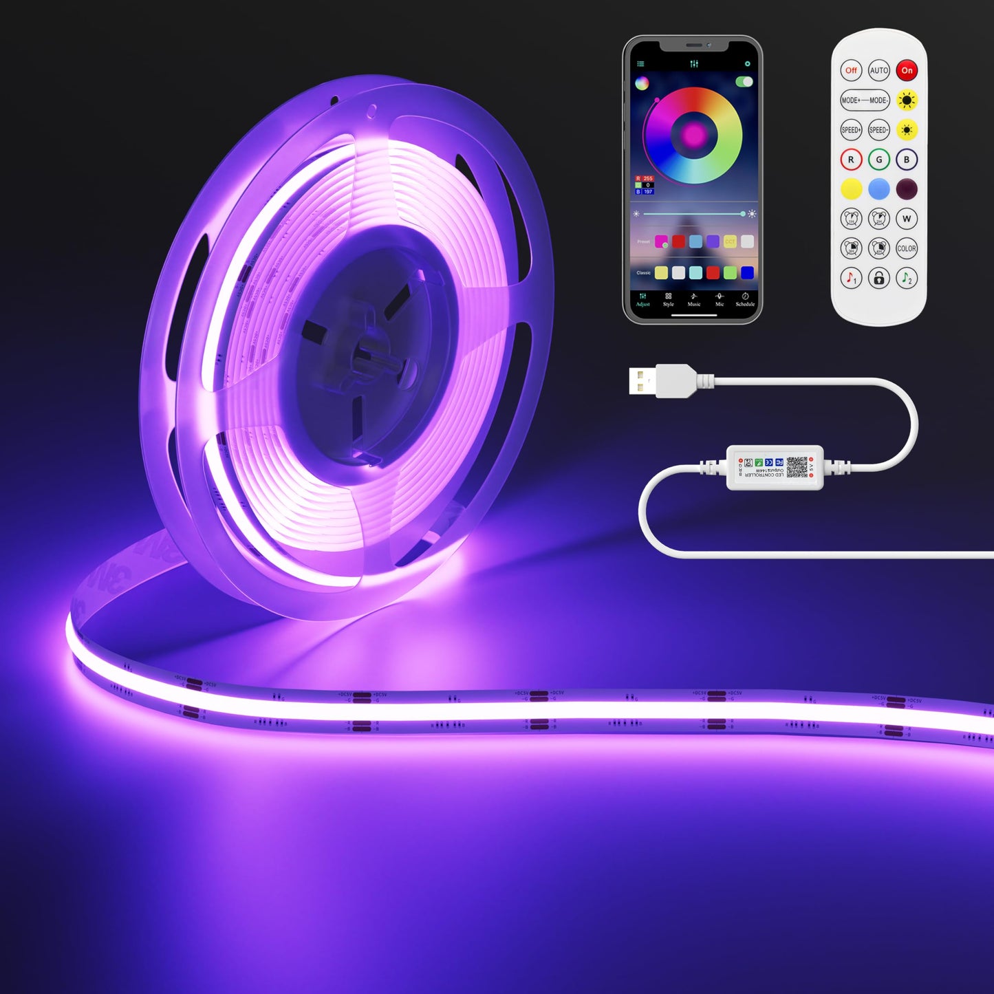 OULARA 5V USB RGB COB LED lente 1 m ar Bluetooth Smart APP vadību, krāsu mainoša RGB LED lenta ar 600 LED/m, daudzkrāsu elastīga LED josla TV, guļamistabai, ballītēm un DIY dekoram