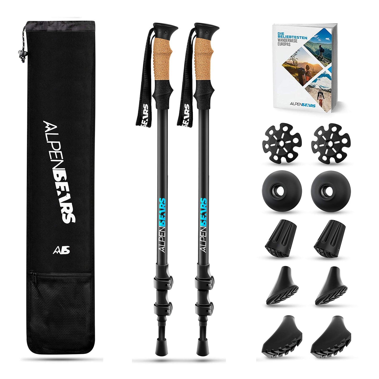 Nordic Walking nūjas Alpen Bears sievietēm, īpaši vieglas, ar ergonomisku dabīgā korķa rokturi, regulējamas ar gumijas uzgaļu komplektu, teleskopiskas pārgājienu nūjas sievietēm un vīriešiem